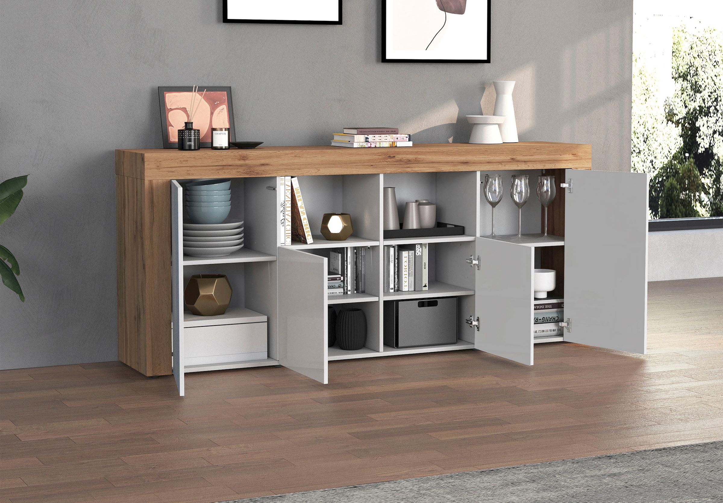 GOODproduct Sideboard »CHRONOS Breite 200 cm  mit 4 Türen, 2 offene und 8 geschlossene Fächer« 1 cuis tlg. Sideboard,Kommode, Schrank, Grifflos mit Push to Open, Made in Italy