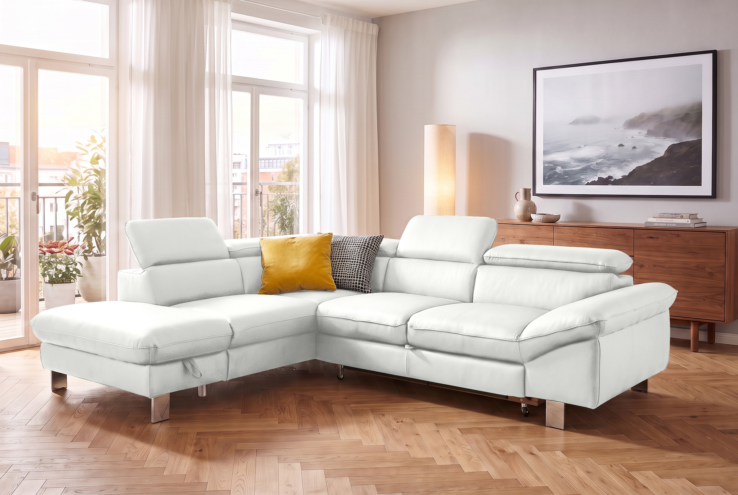 COTTA Canapé d'angle »Driver L-Form, B: 265cm, moderne Couch, Wellenunterfederung, inkl. 3 x« réglage de la tête de lit, fonction lit et coffre de rangement en option