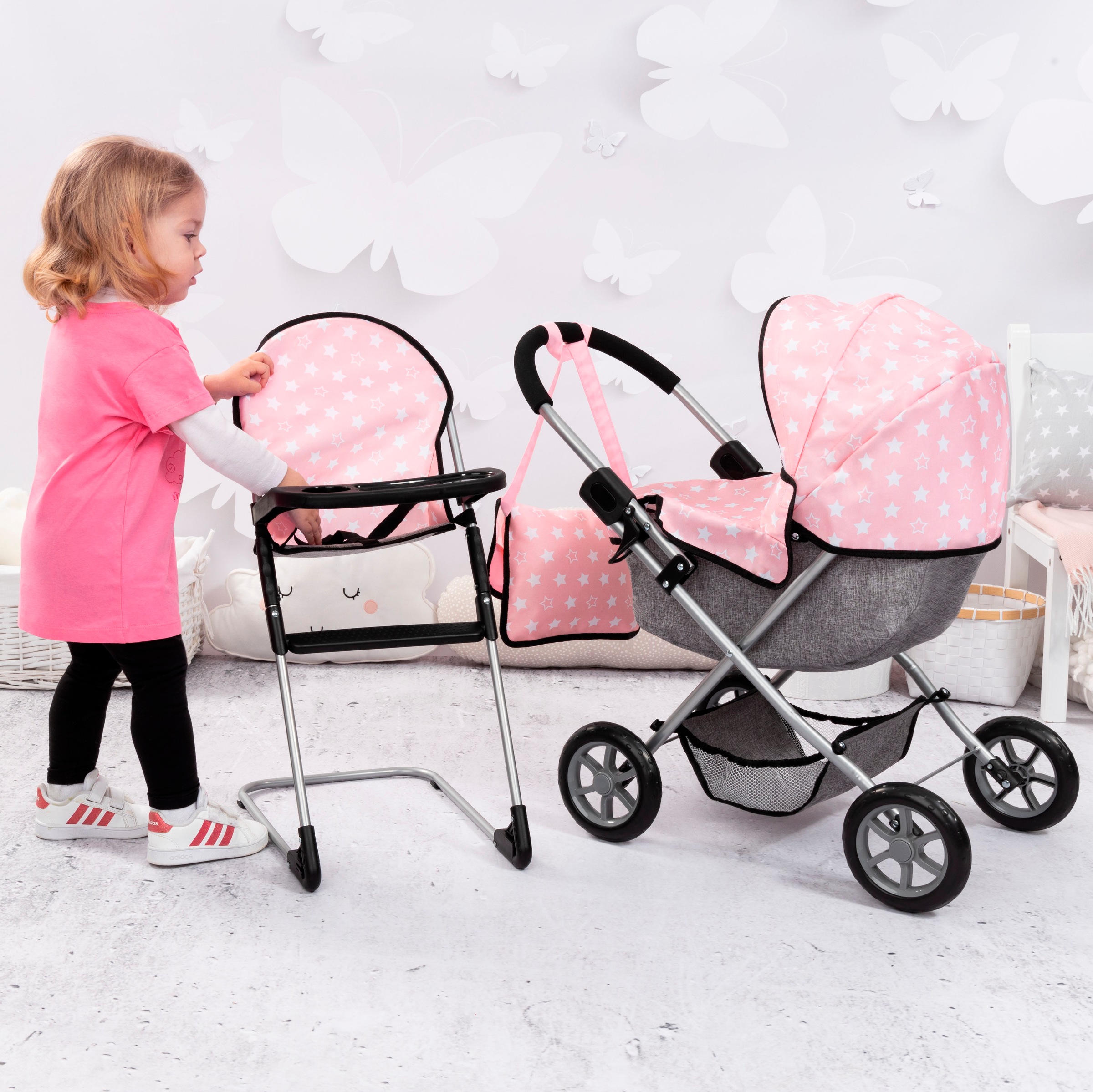 Bayer Puppenwagen »Cosy Set, rosa« mit Puppenhochstuhl und Wickeltasche