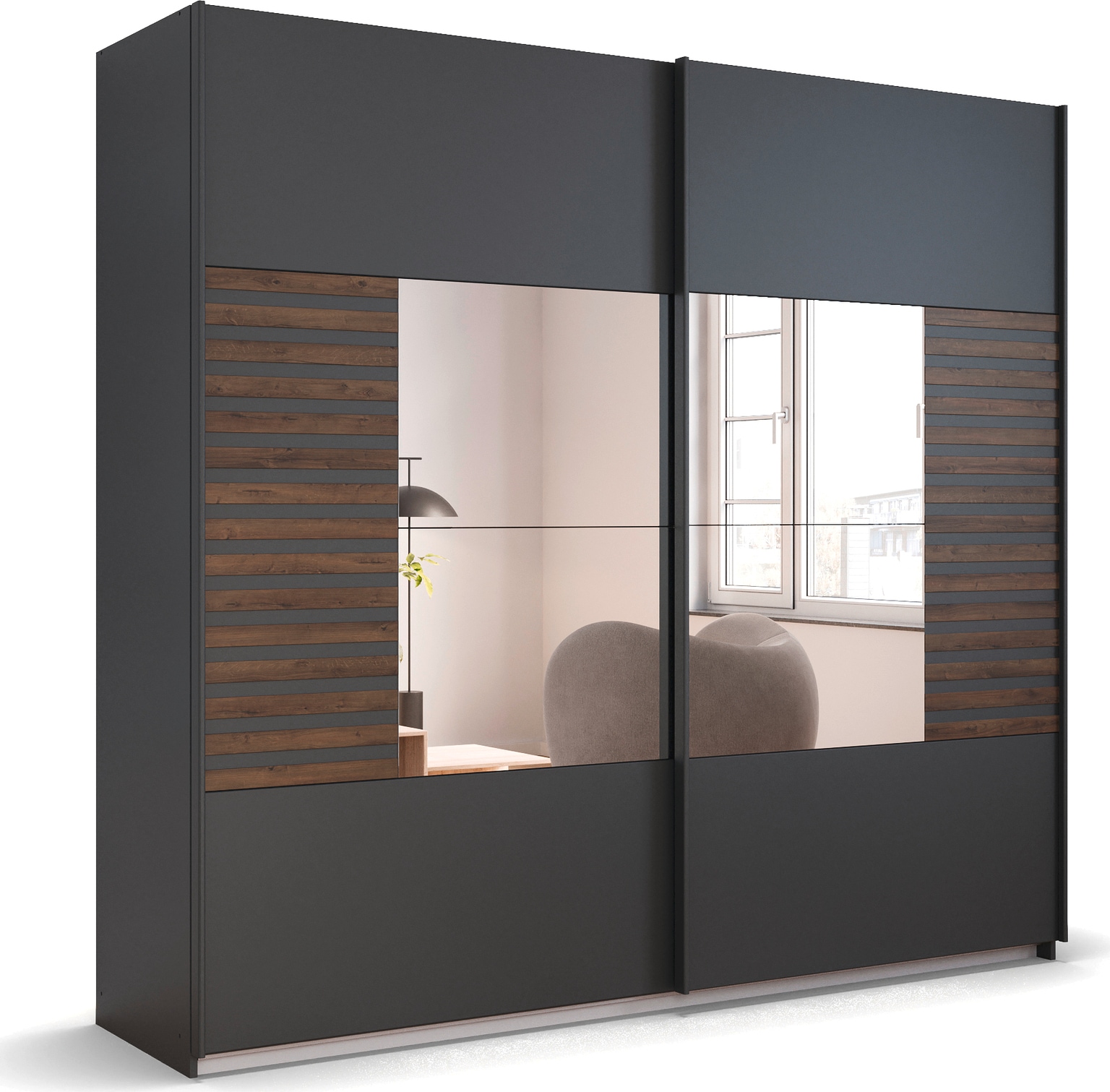 rauch Schwebetürenschrank »Kleiderschrank Schrank Garderobe Schlafzimmerschrank BAREA« Front- Auflage in moderner Lamellen-Optik und Spiegel MADE IN GERMANY