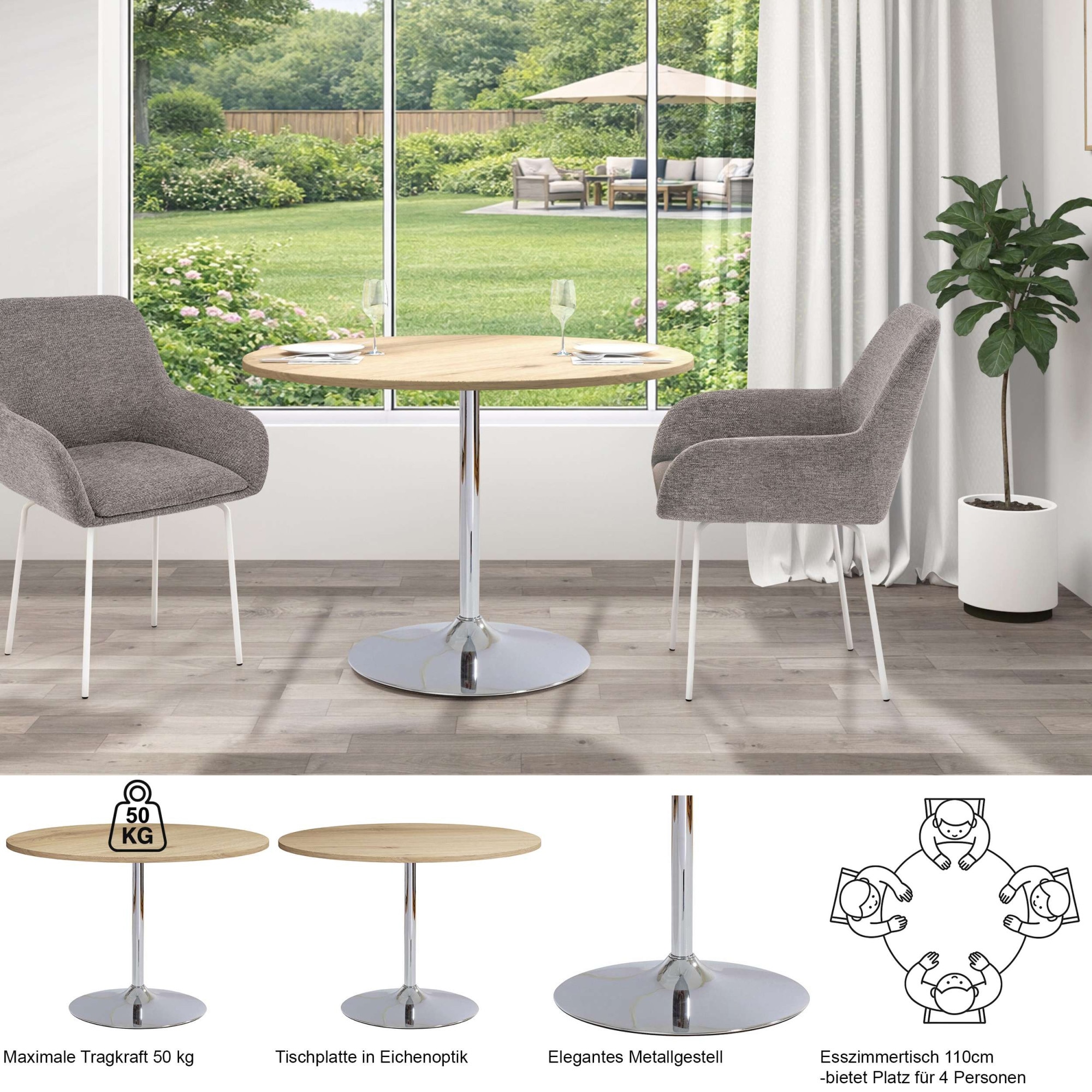 GOODproduct Table de salle à manger »Trompet« rund, Ø110 cm, Tischplatte Hochglanz oder Holzoptik, Trompetenfuss