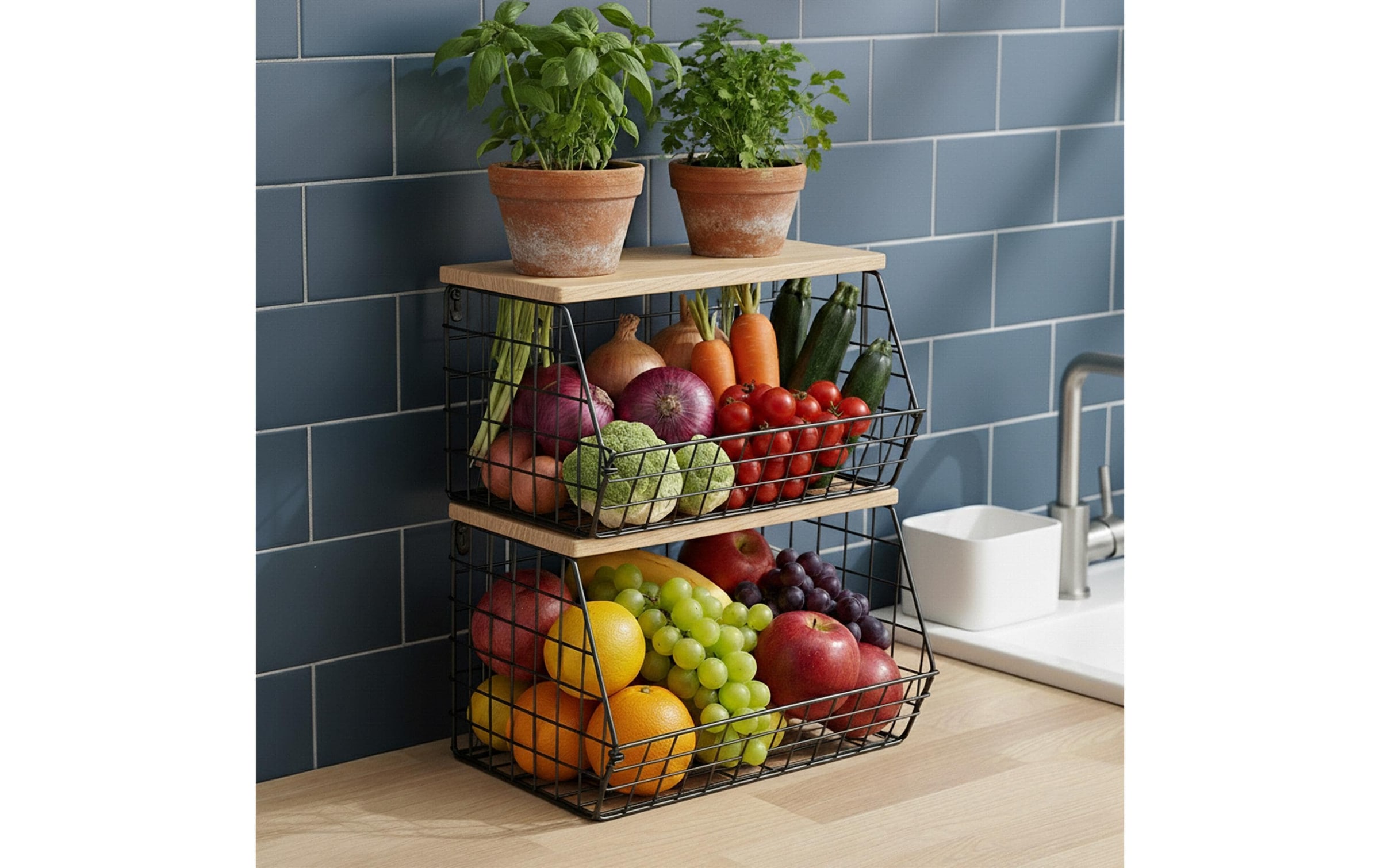 relaxdays Étagère multi-usages »Organizer Obstkorb 21 x 30 cm« Platzsparender Gitterkorb mit Regalbrett zur Wandmontage