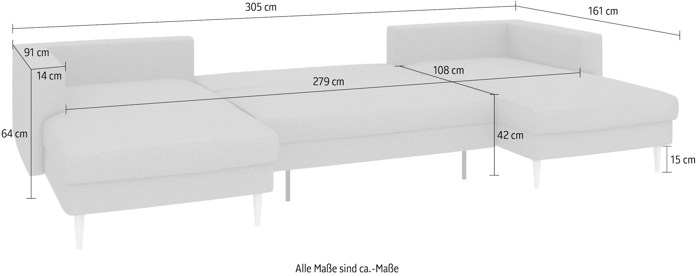 TRENDMANUFAKTUR Paysage de salon »Amazing, wahlw. mit Schlaffunktion & Bettkasten, Fuss Buche lackiert« Canapé en U, en velours côtelé ou structure, largeur 305 cm
