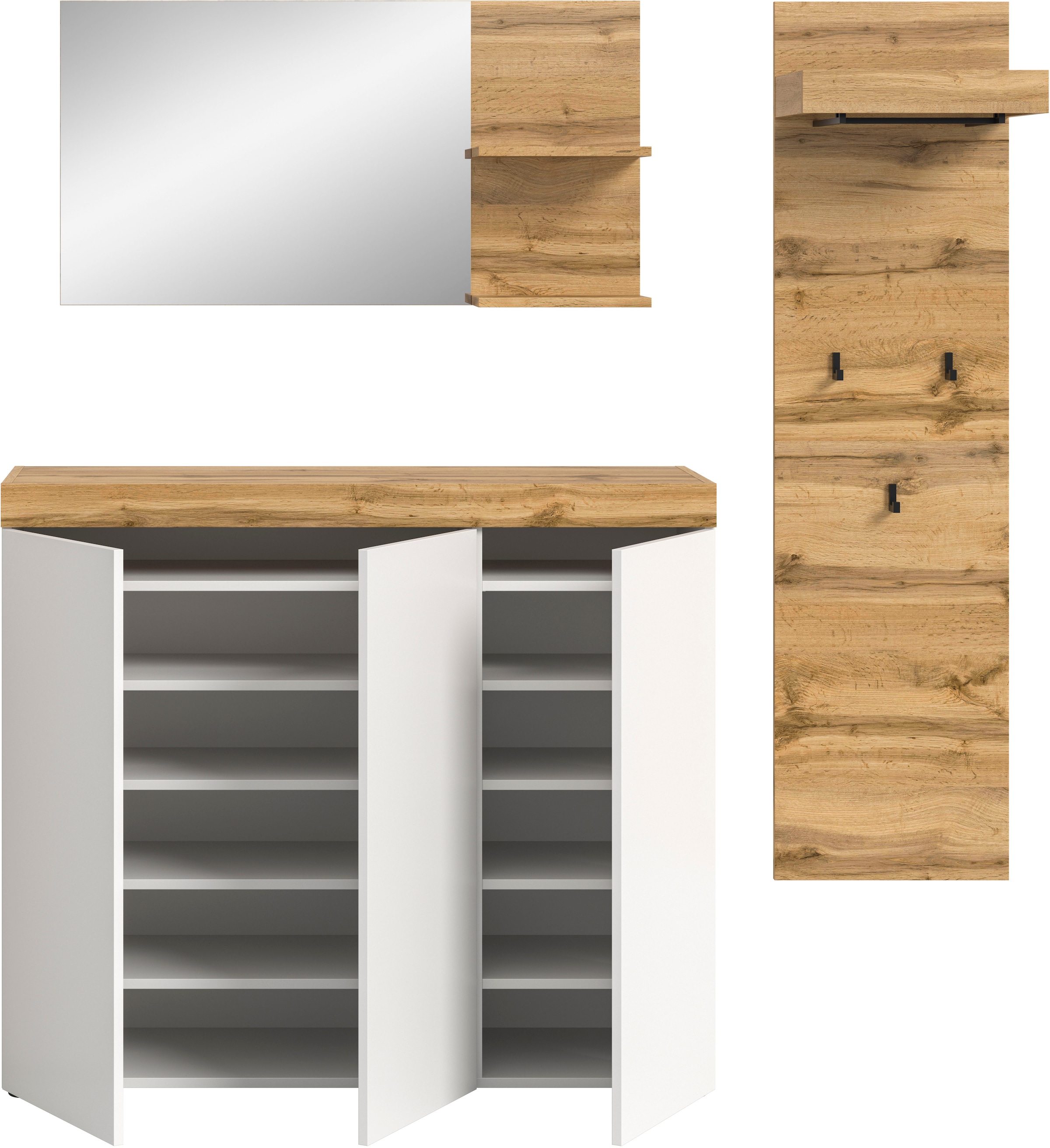 GOODproduct Garderoben-Set »MAMBO, 3-teilige Kombination, stehend & hängend montierbar« bestehend aus: Kommode, Spiegel, Garderobenpaneel, 3 Stk. tlg.