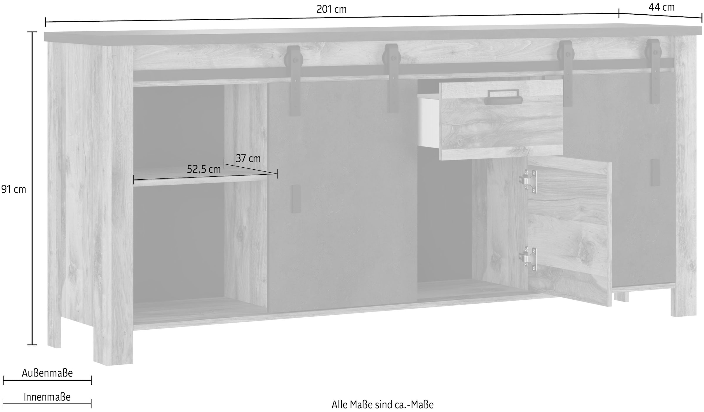 Home affaire Sideboard »York, moderner Schrank, Kommode in Hunton Oak Dekor, Industrialdesign« mit Scheunentorbeschlägen & Apothekergriffen aus Metall, 201 cm breit