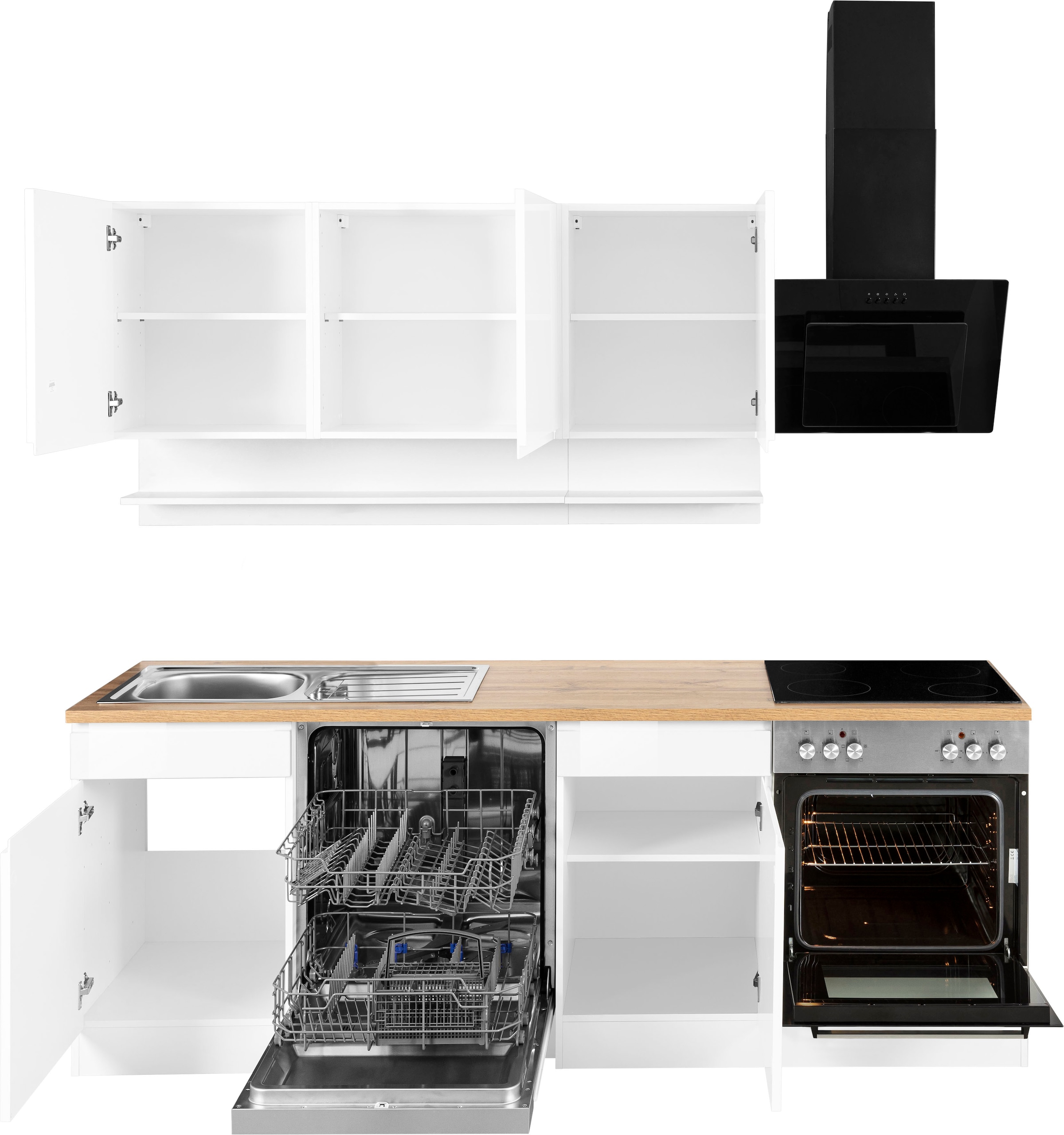 KOCHSTATION Kitchenette »KS-Virginia,neu in verbesserter Ausführung« plan de travail épaisseur 38 mm, rangement, fermeture douce,  largeur 220 cm, soft-close, avec appareils électroménagers en option