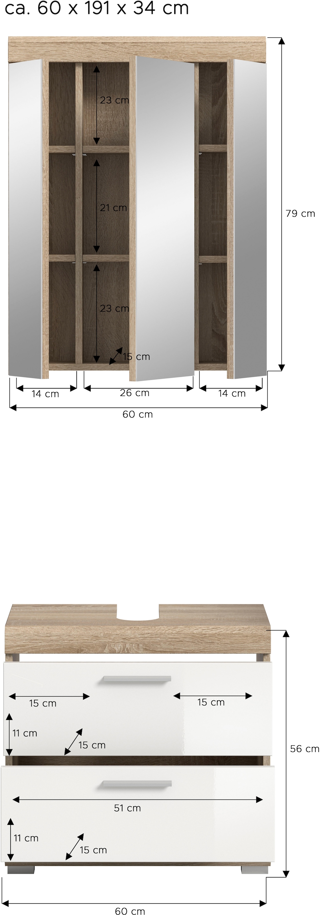 welltime Ensemble de meubles de salle de bain »SIENA, 2 tlg., bestehend aus: Waschbeckenunterschrank, Spiegelschrank« Ensemble, BEST-SELLER !, 2 cuis tlg.