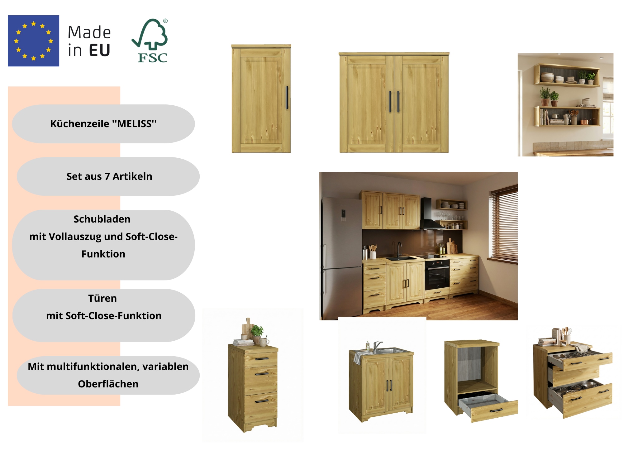 Home affaire Kitchenette »Meliss« aus massiver Kiefer, mit Soft-Close-Funktion, 8-teiliges Set
