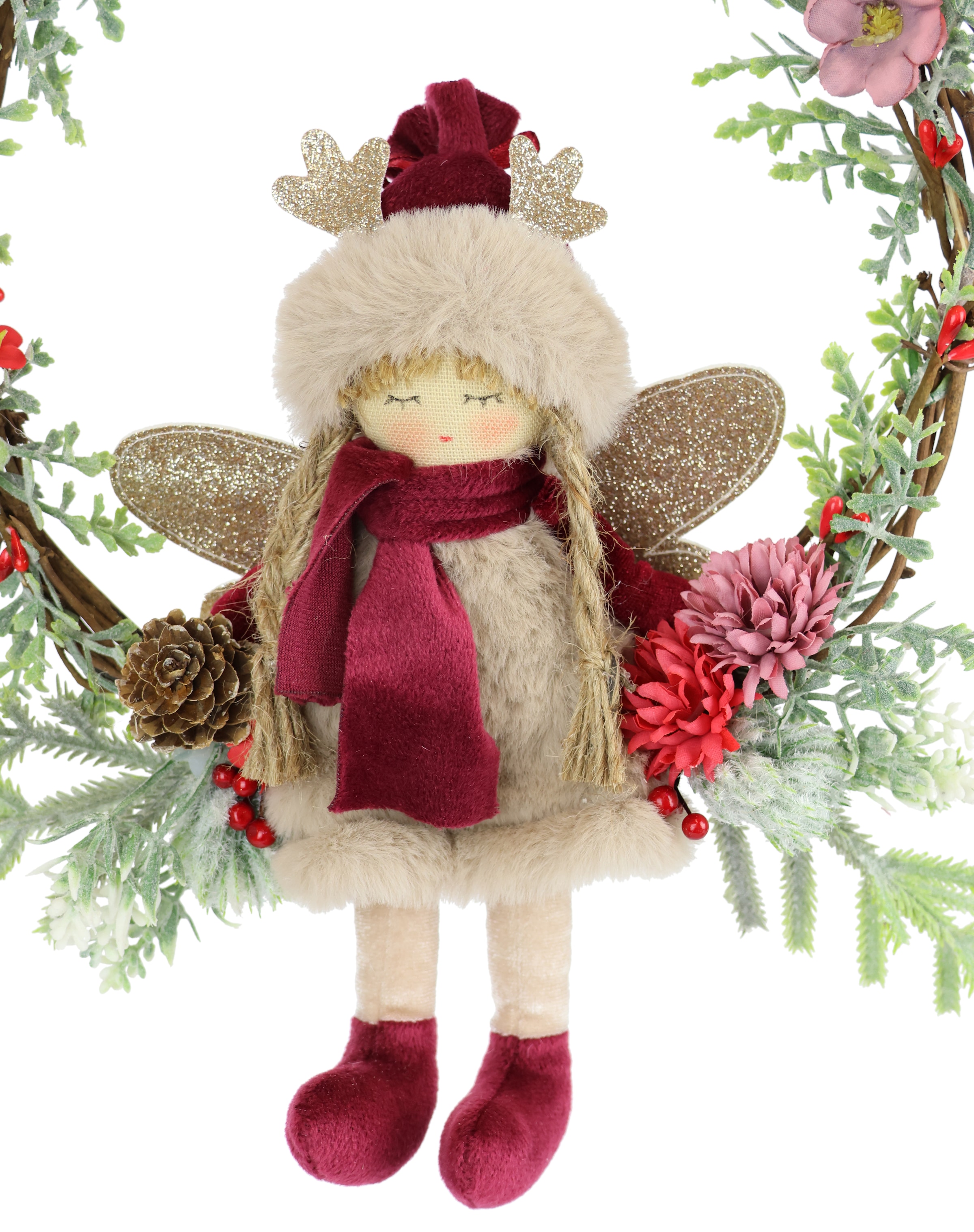 I.GE.A. Kunstkranz »Tannen-Kranz Elfe/Beeren/Tanne« Dekorierter Weihnachtskranz Deko Weihnachtsdeko Türkranz Adventskranz