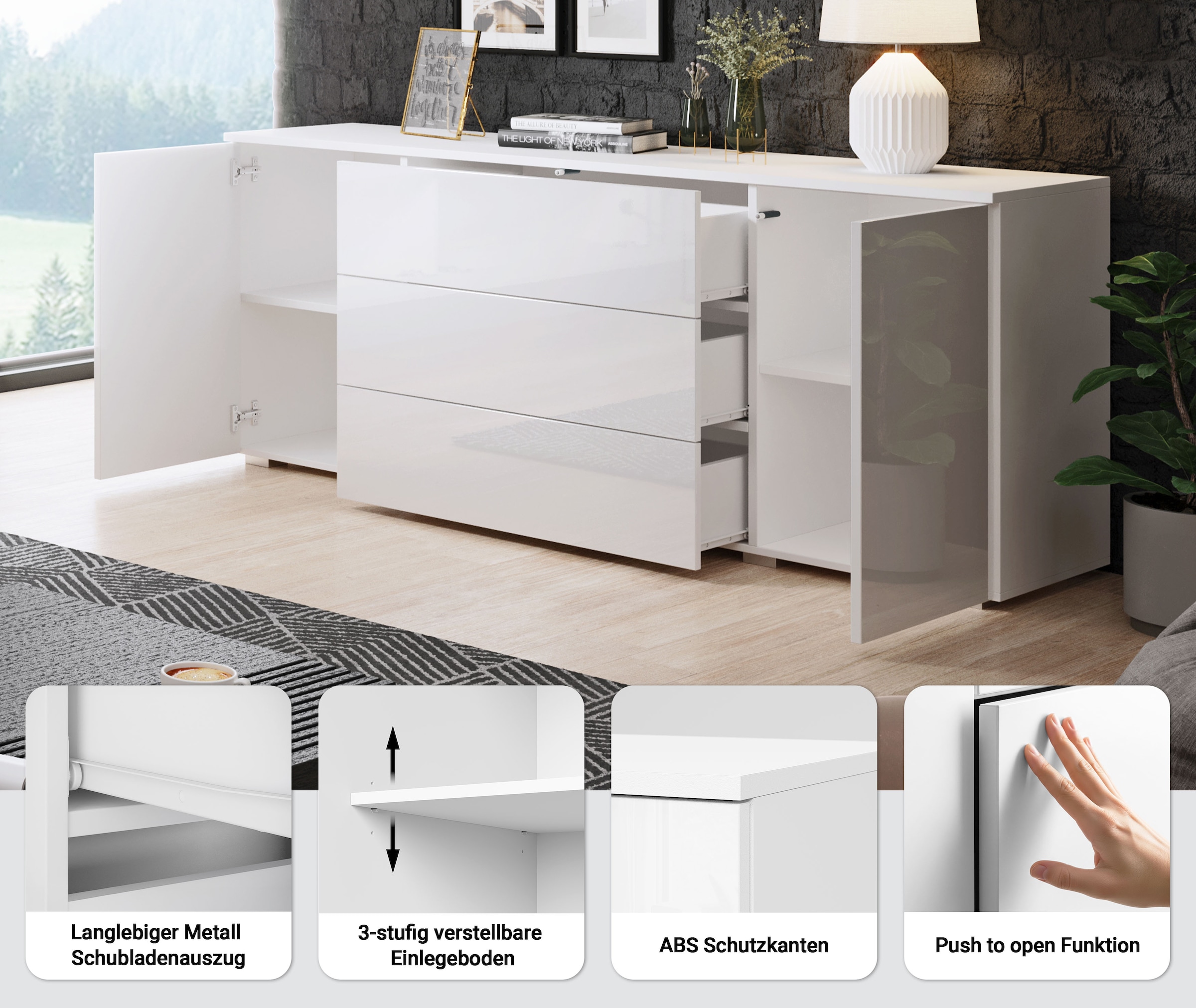 GOODproduct Sideboard »PARIS« 1 Stk. tlg. Moderne 150cm breite grifflose Kommode, vielseitig einsetzbar