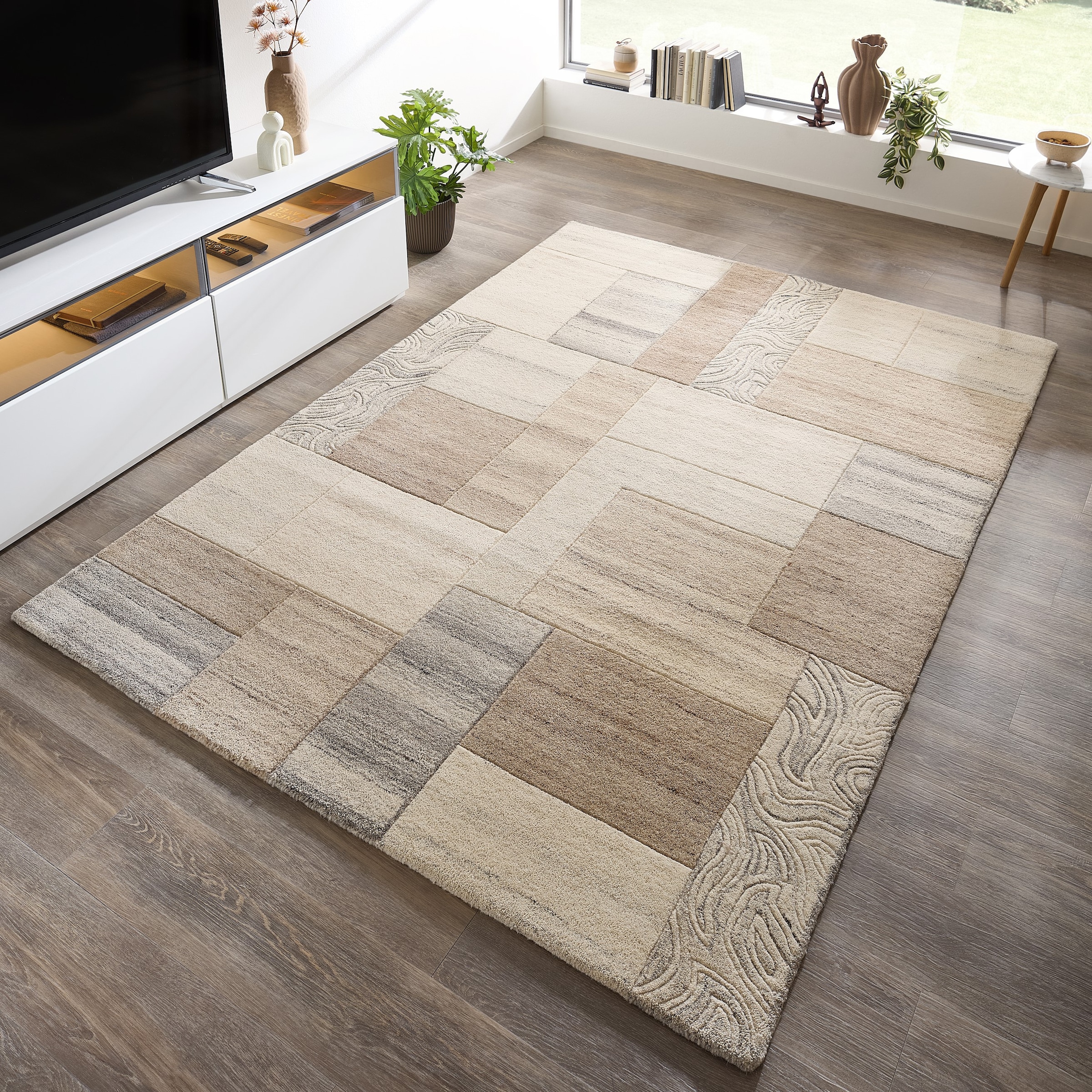 THEKO Tapis en laine »Lola, Wolle, handgearbeitet, Patchwork Design, handgetuftet« Rectangulaire 12 mm Höhe Wohnzimmer, Schlafzimmer, Esszimmer, auch als Läufer und rund
