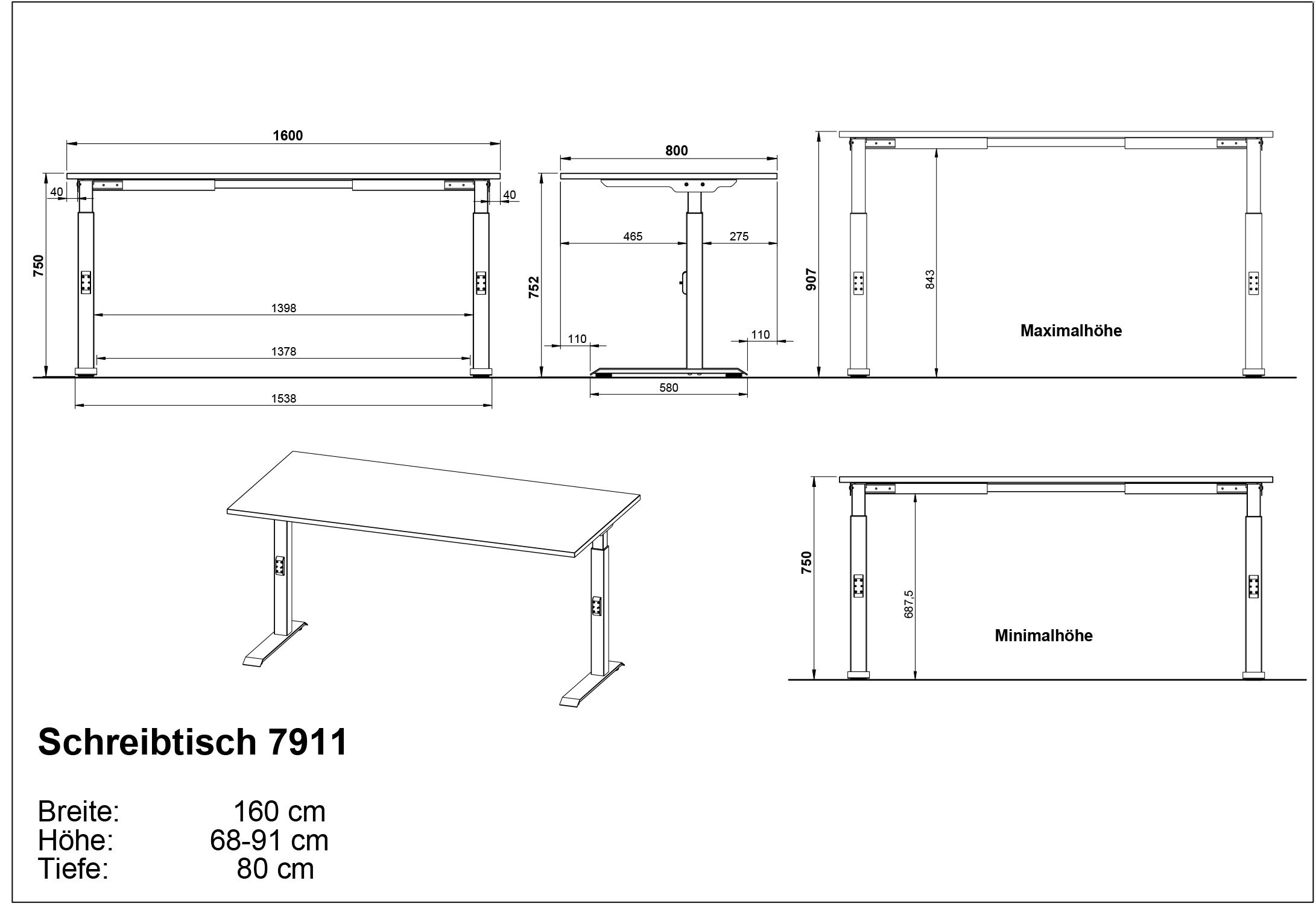 GERMANIA Schreibtisch »Mailand, mechanisch höhenverstellbar,« in Breitenvariante 120-180 cm, Made in Germany