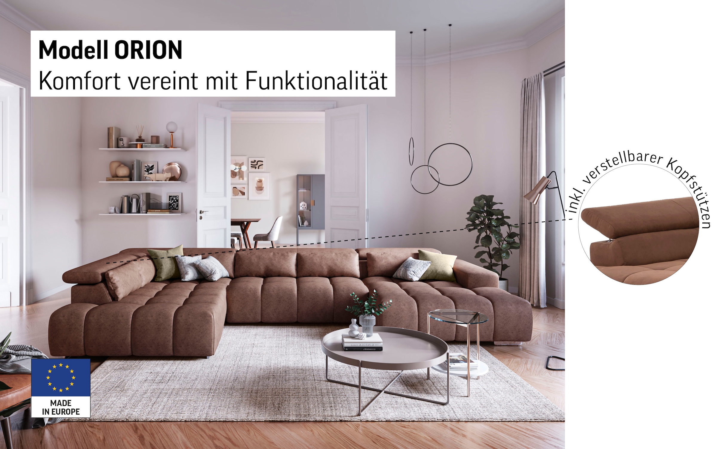 COTTA Paysage de salon »Orion U-Form, B: 409 cm« mit Kopfteilverstellung & 6 Nierenkissen