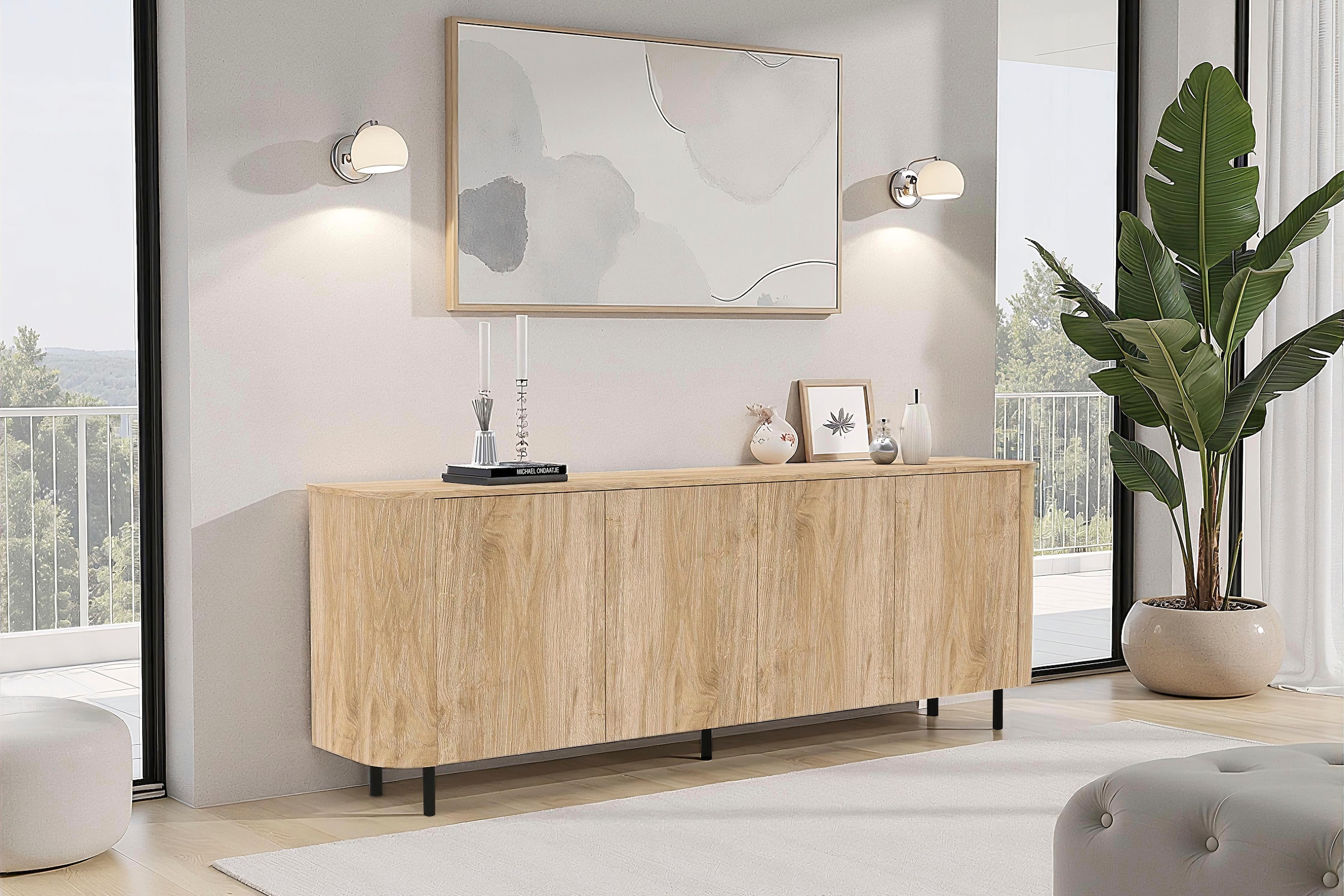 Home affaire Sideboard »Murano, 231 cm breit, 4 Türen, Anrichte, Kommode, Stauraumschrank« Formgebogenes MDF, Stirnseiten mit Rundung, Füsse und Griffe aus Metall