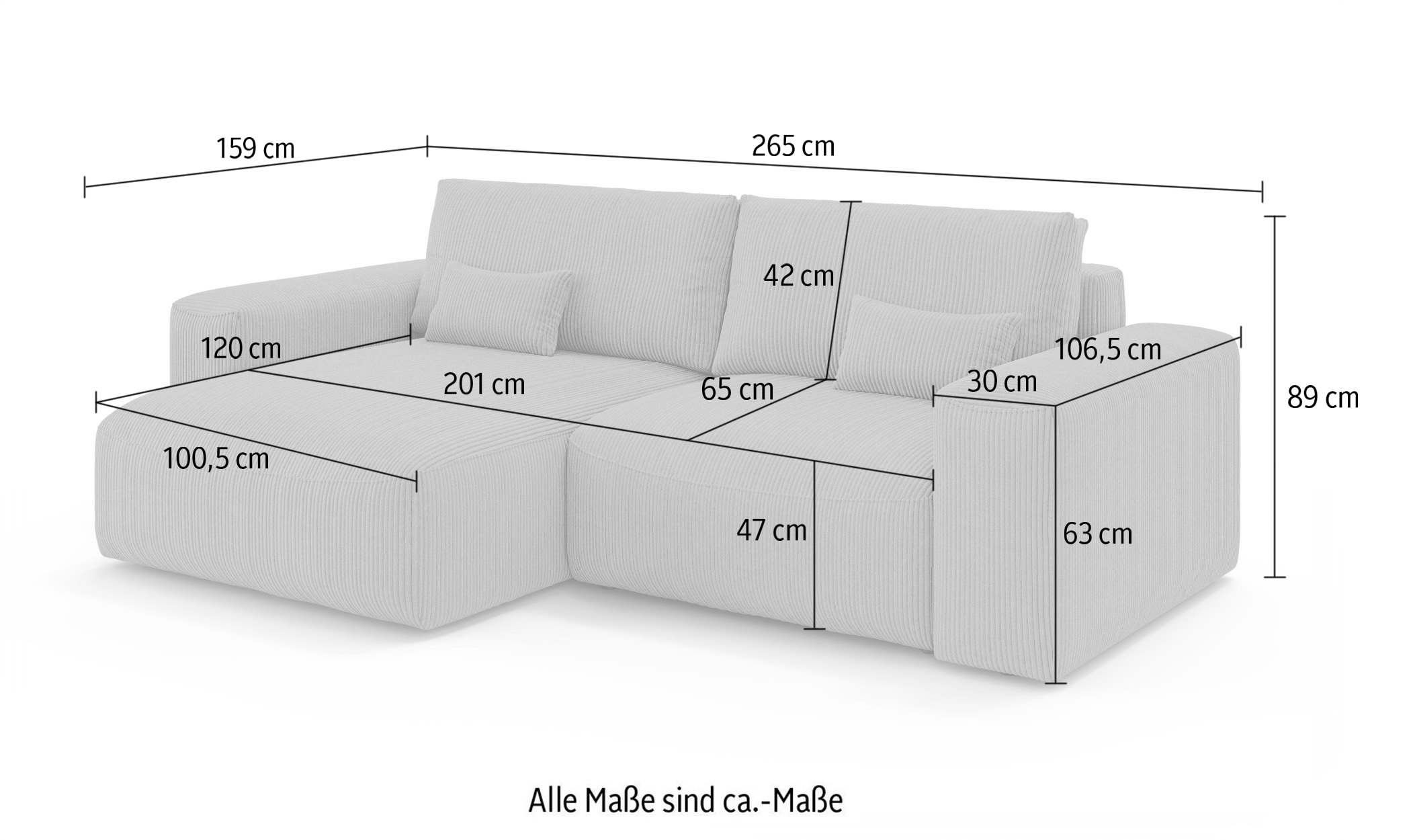 GOODproduct Canapé d'angle »MATTS Schlafsofa mit Bettkasten, Masse B/T/H: 265/159/89 cm« L-Form mit Recamiere rechts oder links, hoher Sitzkomfort