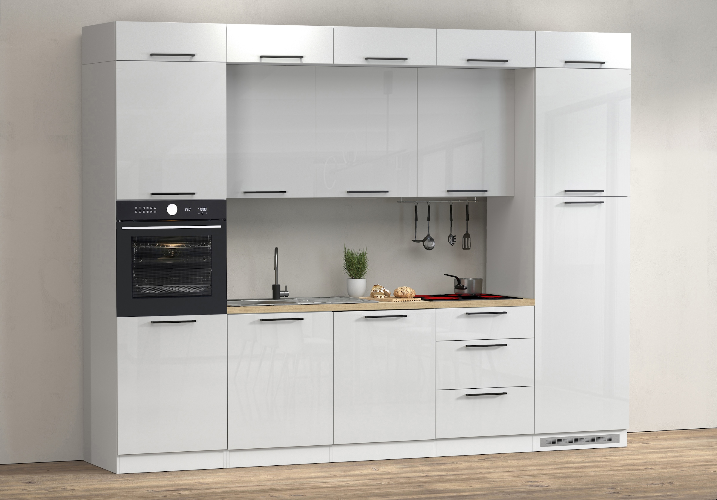 KOCHSTATION Kitchenette »Luna, Einbauküche, Zeilenküche, mit Soft-Close Funktion, Made in Italy« Breite 300 cm ohne E-Geräte, mit Spüle+Siphon und Aufsatz