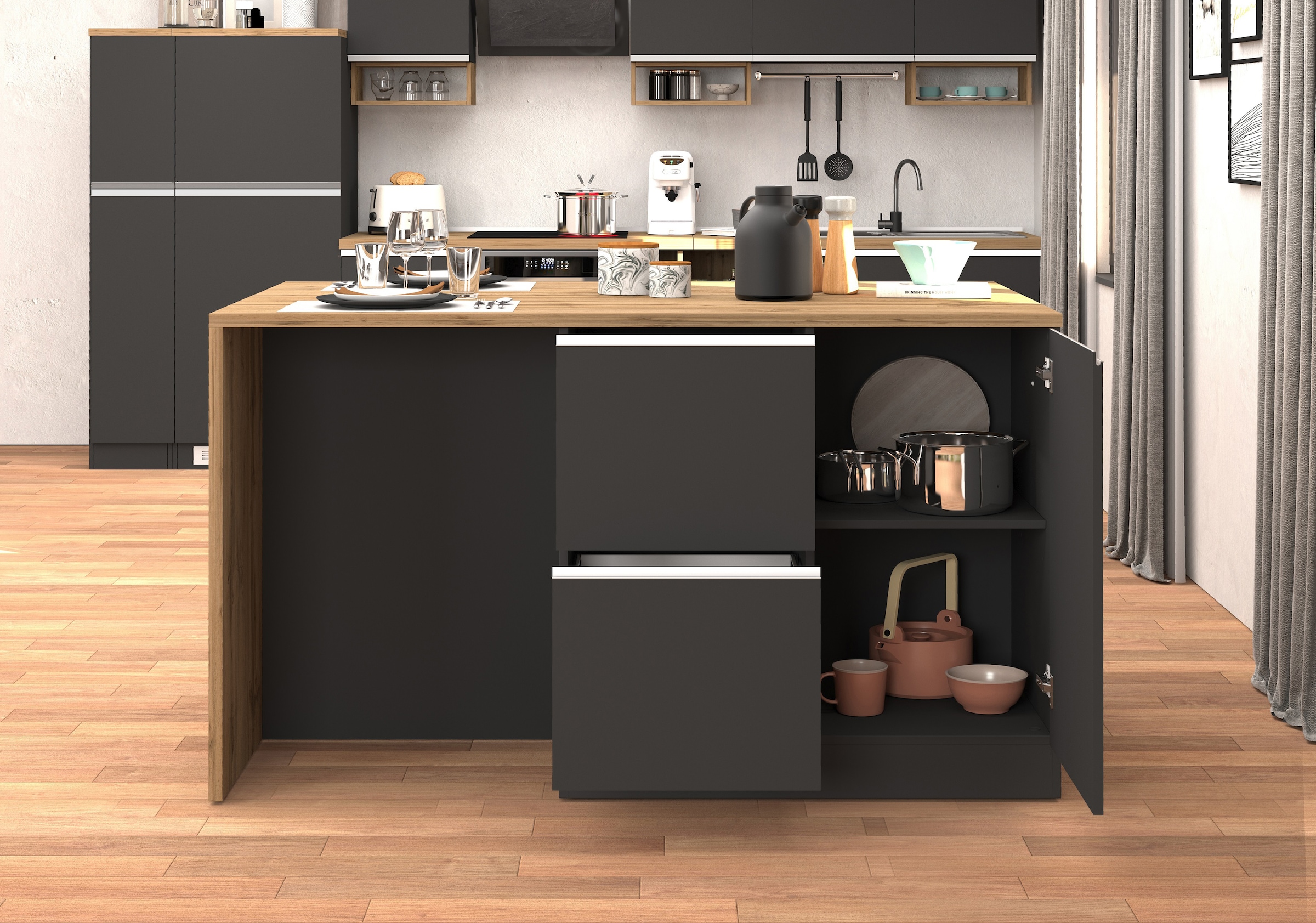 KOCHSTATION Ilot de cuisine »KS-Sole, Kochinsel, Küchenarbeitsblock, Inselküche, Arbeitsinsel« Breite 152,5 cm, mit Essplatz, Handtuchhalter, Fächer und Weinregal