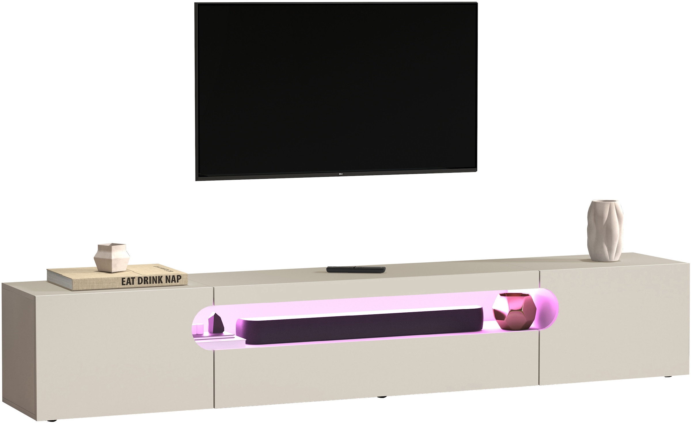 Home affaire Table basse »REAL TV-Möbel, 240 cm breit, 40/60 cm hoch, Hochglanz oder matt« mit 2 abgerundeten Türen, 1 Klappe, die ein ovales offenes Fach bilden