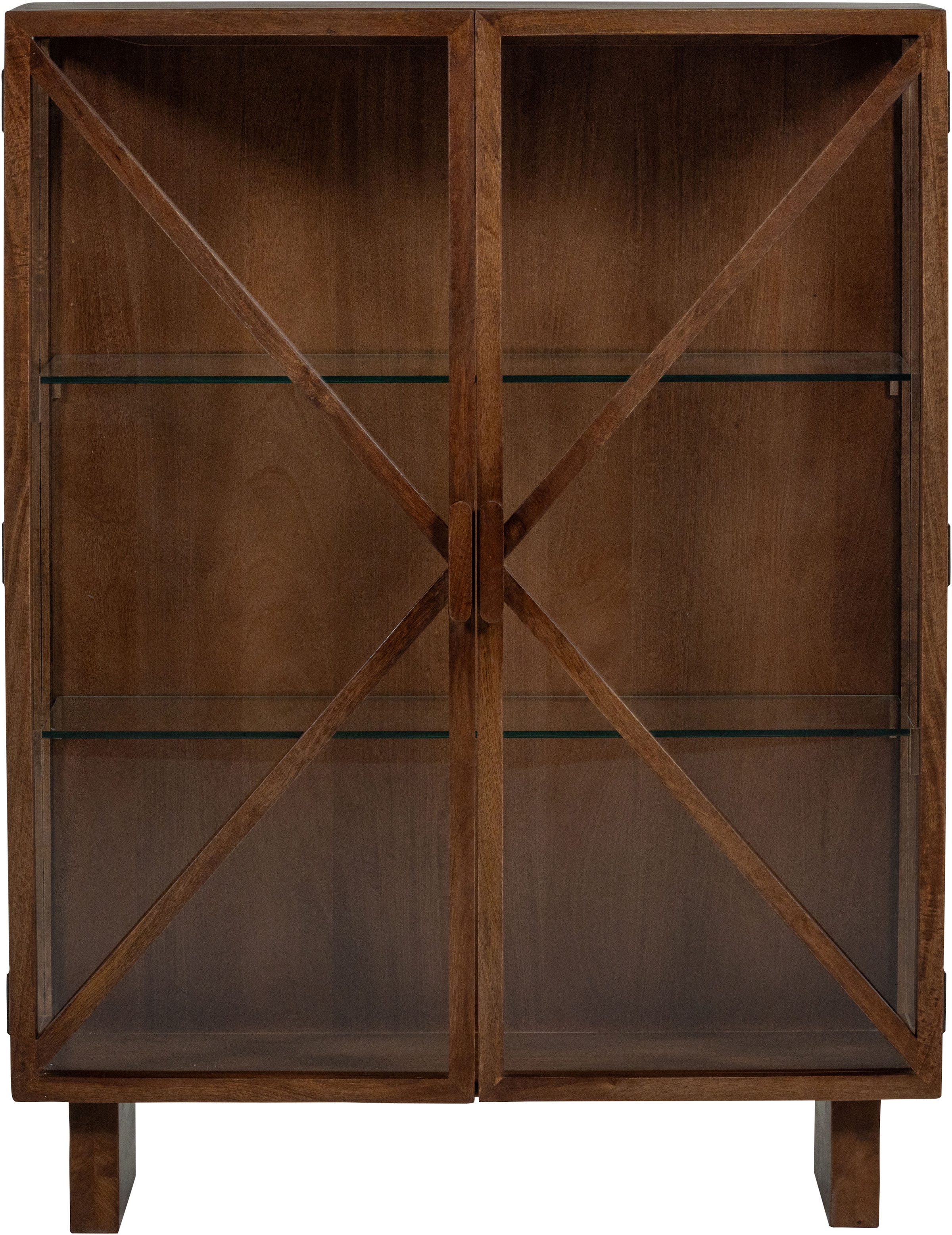 WOOOD Vitrines »Kella Mangoholz mit Glastüren und Glasablagen B 100 x D 44 x H 132 cm« fixation murale recommandée, capacité portante 5–7 kg par tablette en verre