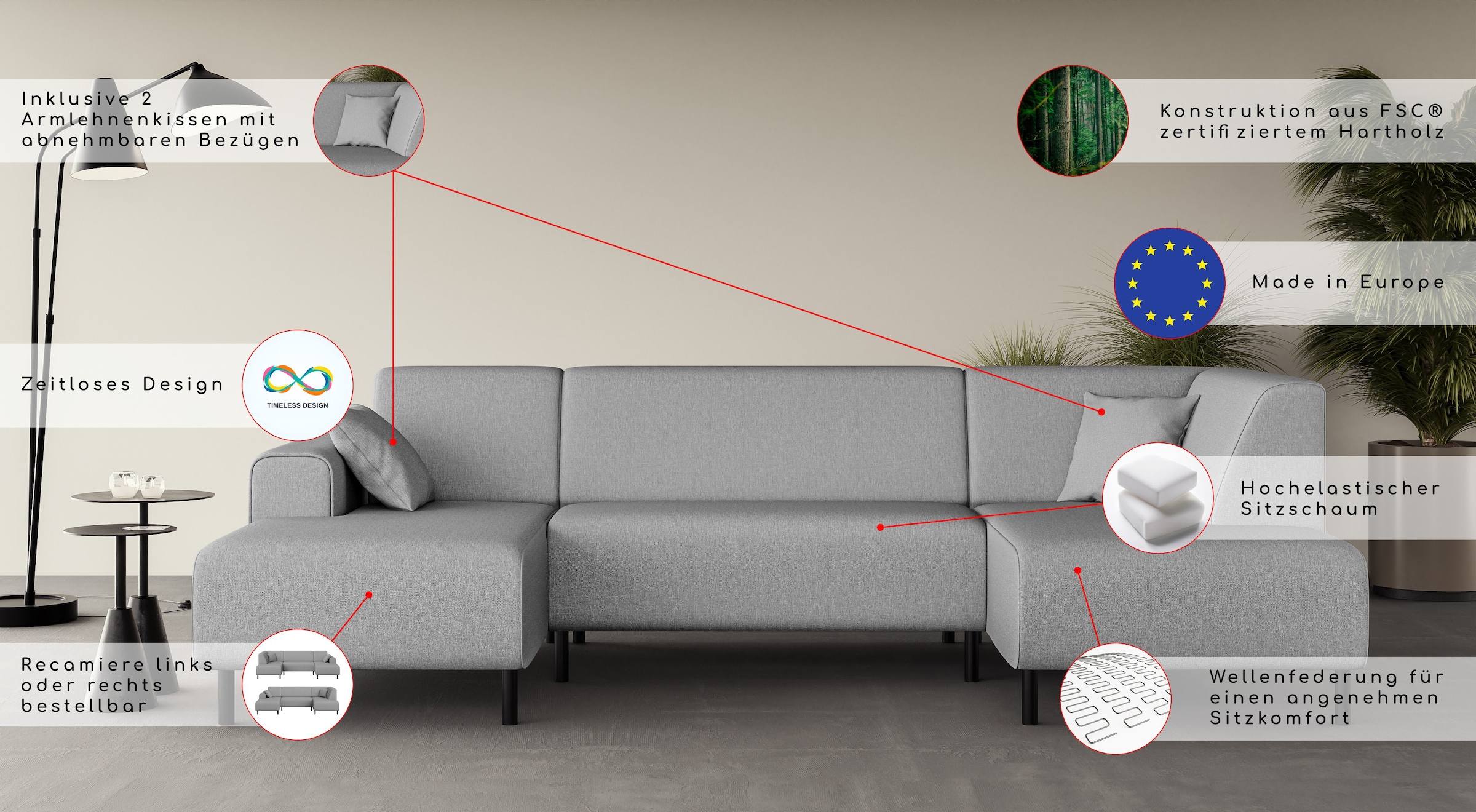 Home affaire Wohnlandschaft »ARROS U-Form mit Wellenunterfederung, Masse B/T/H: 300/163/81 cm« incl. Zierkissen, mit Recamiere links/rechts bestellbar, auch in Cord