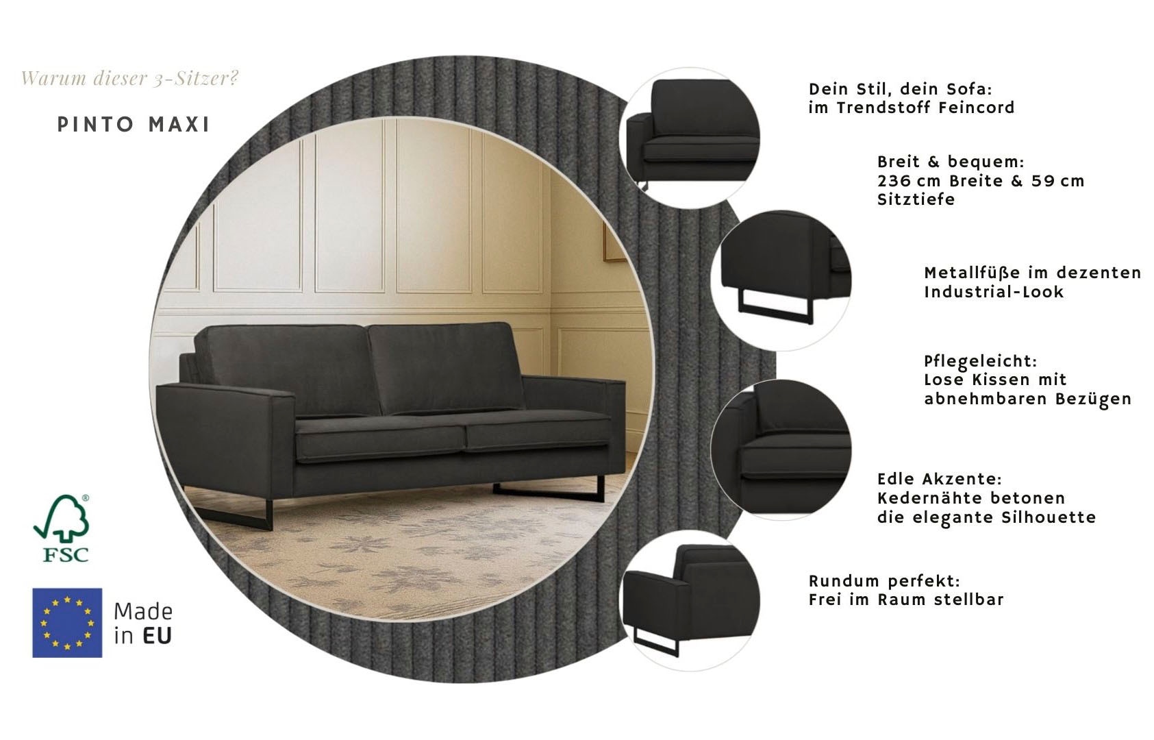 Home affaire 3-places »Maxi-Ausführung Pinto, 236 cm, Cord, Chenille, Lederoptik« avec jonc, pieds métalliques noirs, suspension à ressorts ondulés