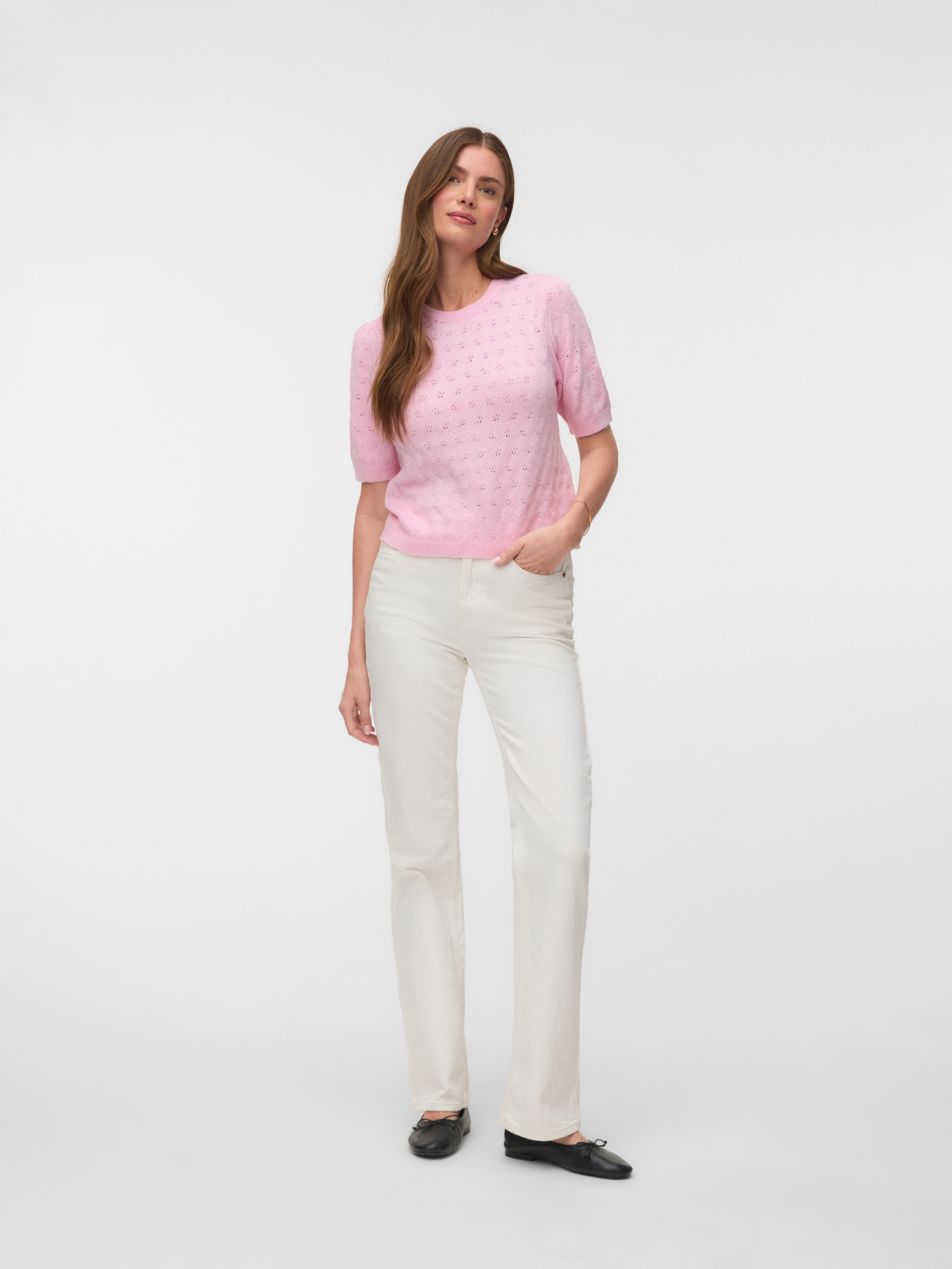 Vero Moda Kurzarmpullover »VMDOFFY STITCH 2/4 O-NECK PULLOVER NOOS« Materialmix, regular fit