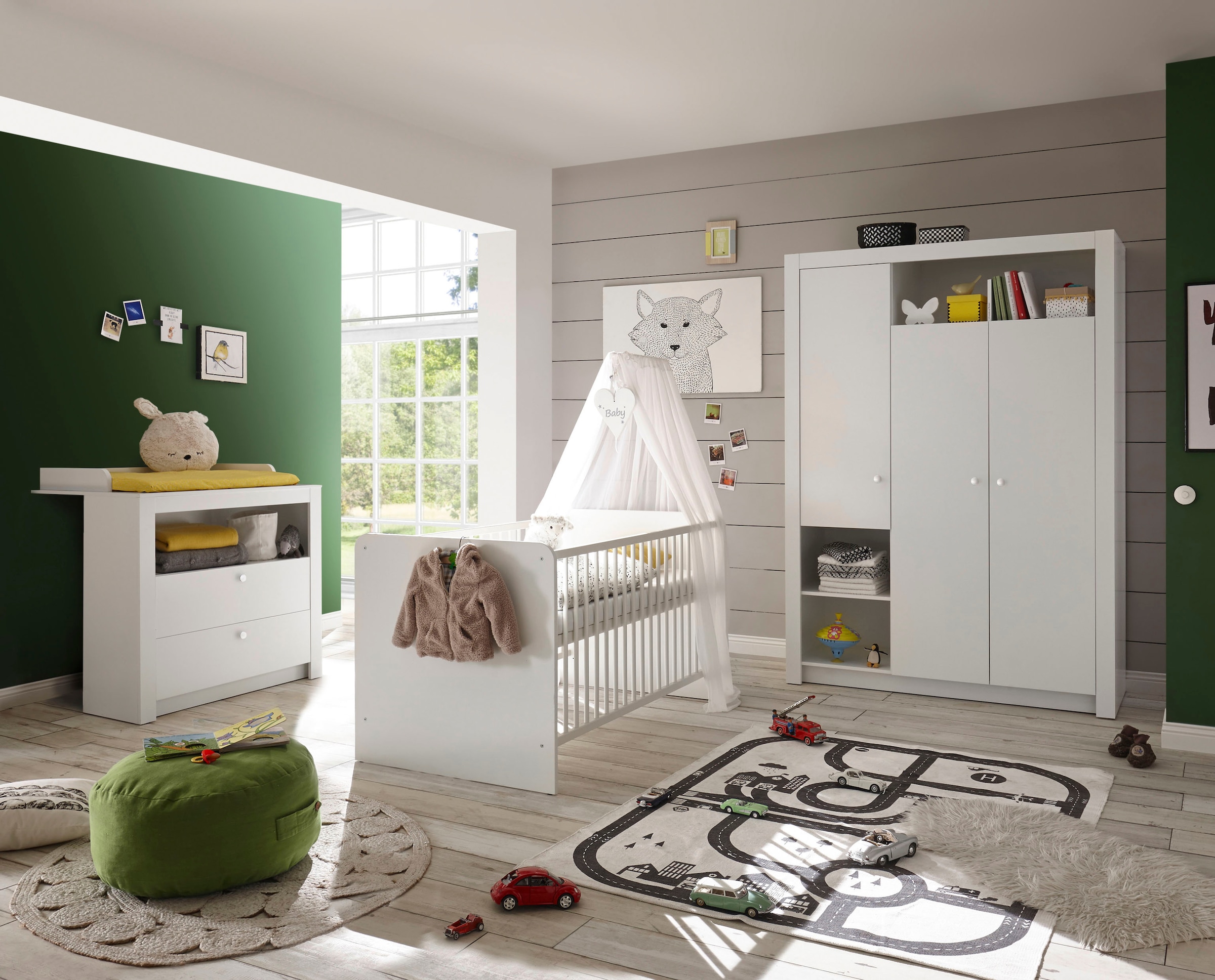 Begabino Drehtürenschrank »Paula Kinderzimmerschrank Kleiderschrank« 3-trg. Weiss, Schrank mit offenen Fächer