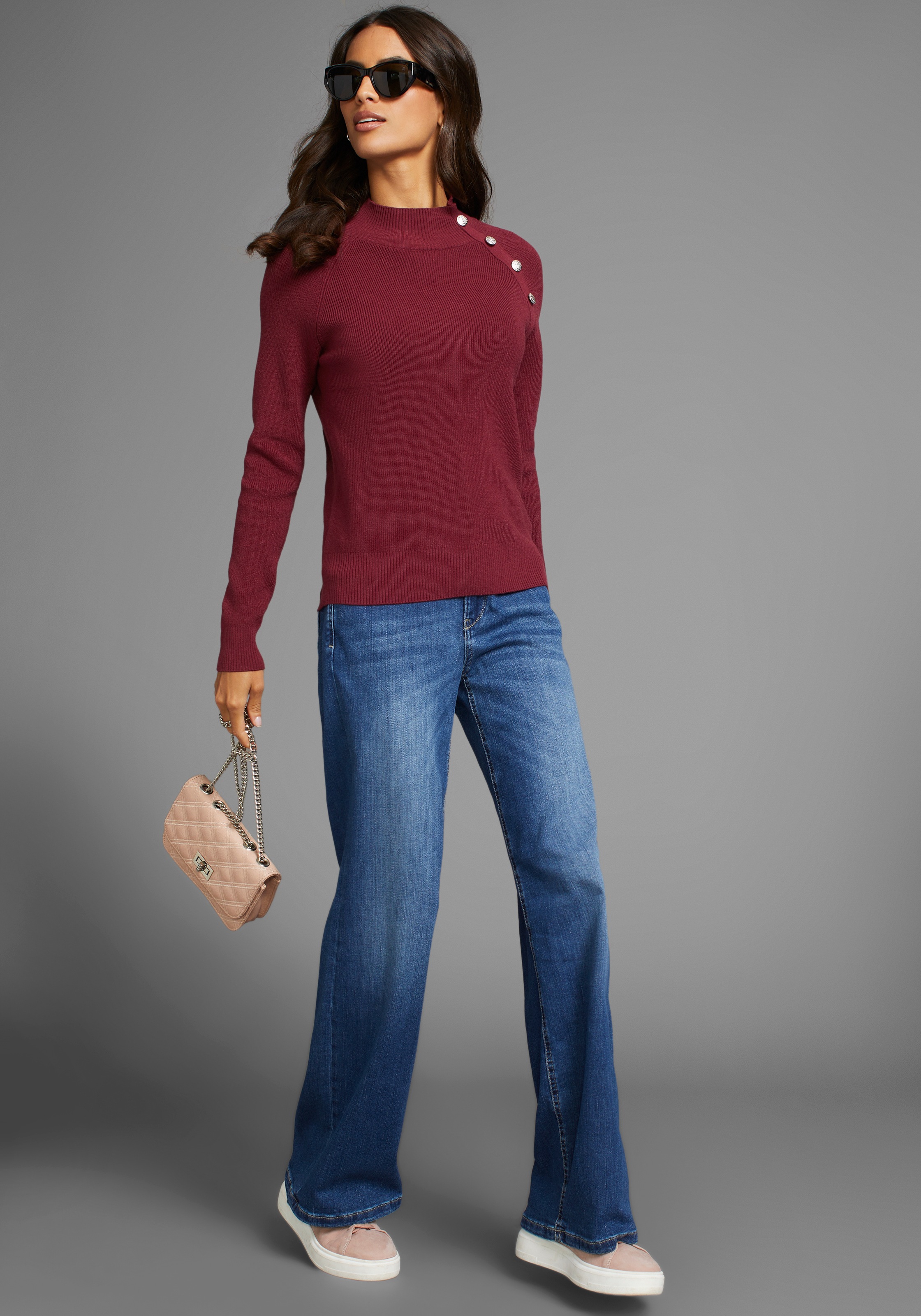 Laura Scott Pull en tricot kuscheliger Winterstrick mit Knopfdetail und Stehkragen