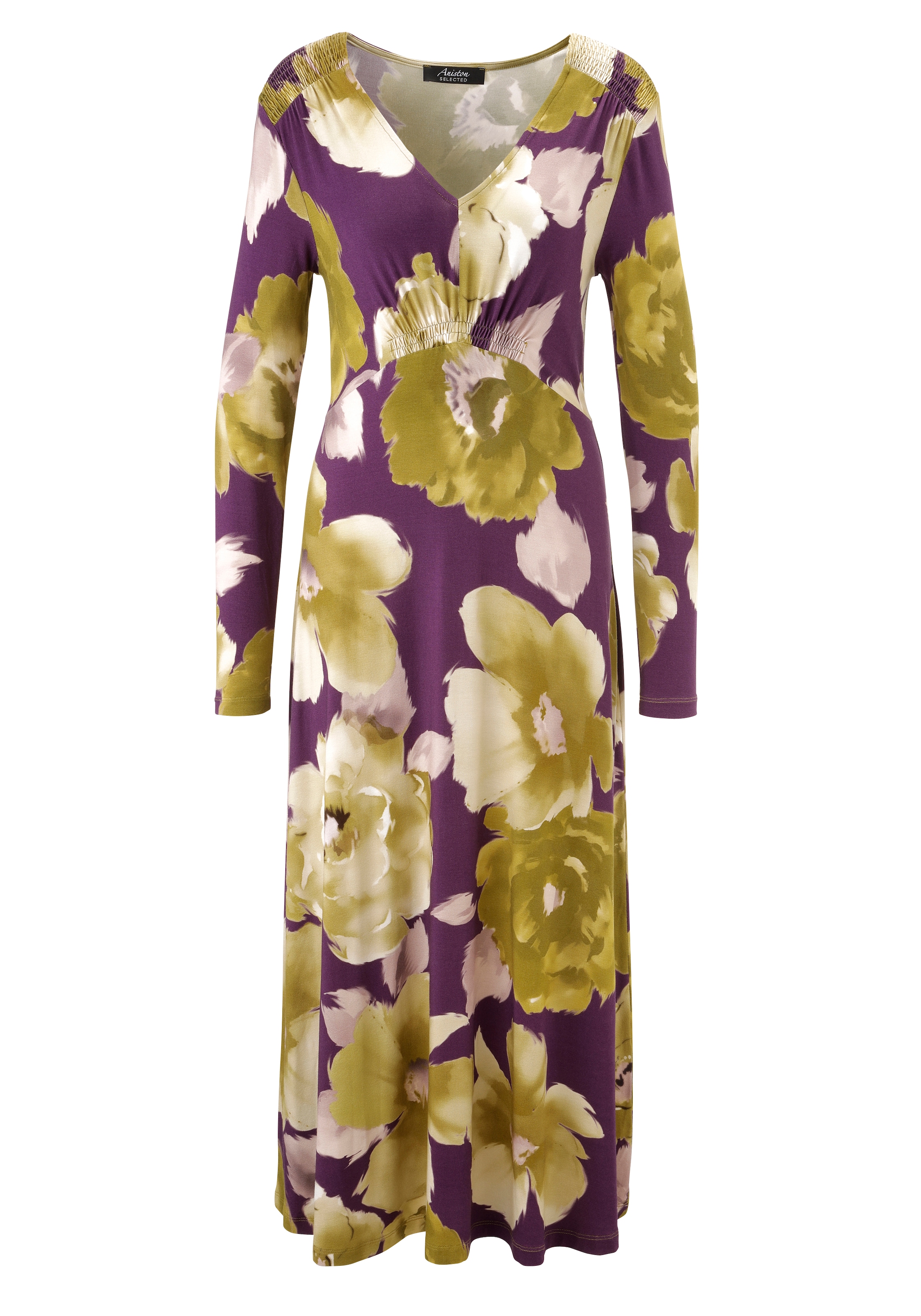 Aniston SELECTED Robe midi mit Smok-Details und fantasievollem Blütendruck - NEUE KOLLEKTION