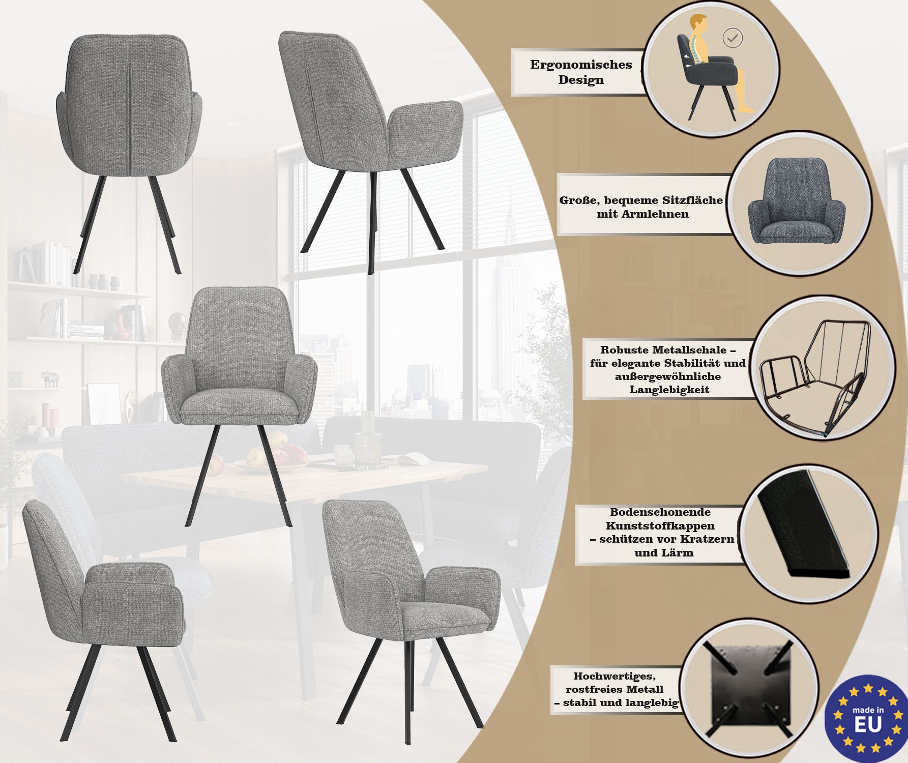 Home affaire Armlehnstuhl »Mily Esszimmerstuhl, Polstersessel, Wohnstuhl, Essstuhl mit Armlehnen« (Set) 2 Stk.mit schwarz pulverbeschichteten Metallbeinen, gepolstert, modern