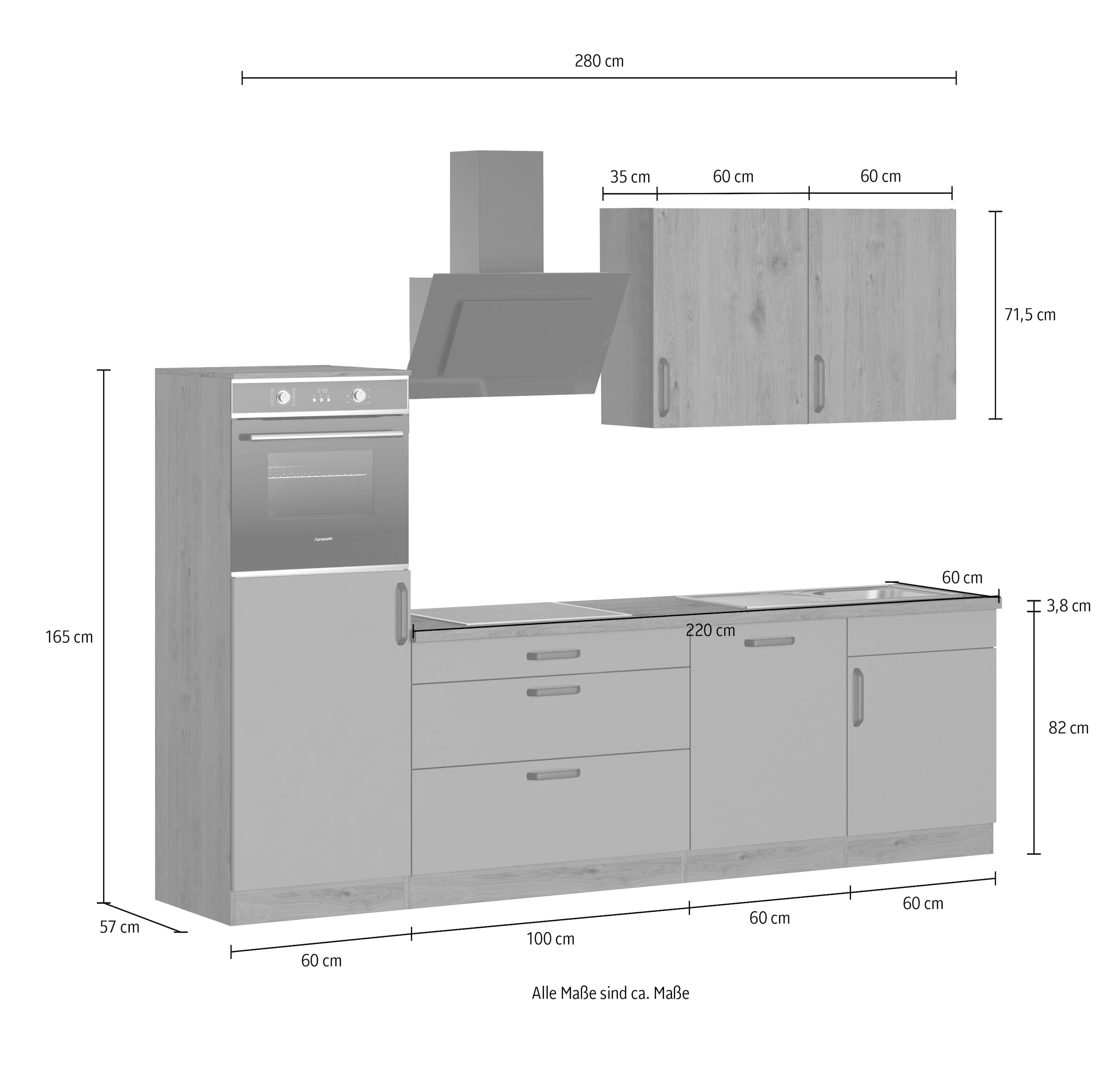 wiho Küchen Küchenzeile »Elba, TOPSELLER« wahlweise mit Hanseatic E-Geräten, Breite 280 cm