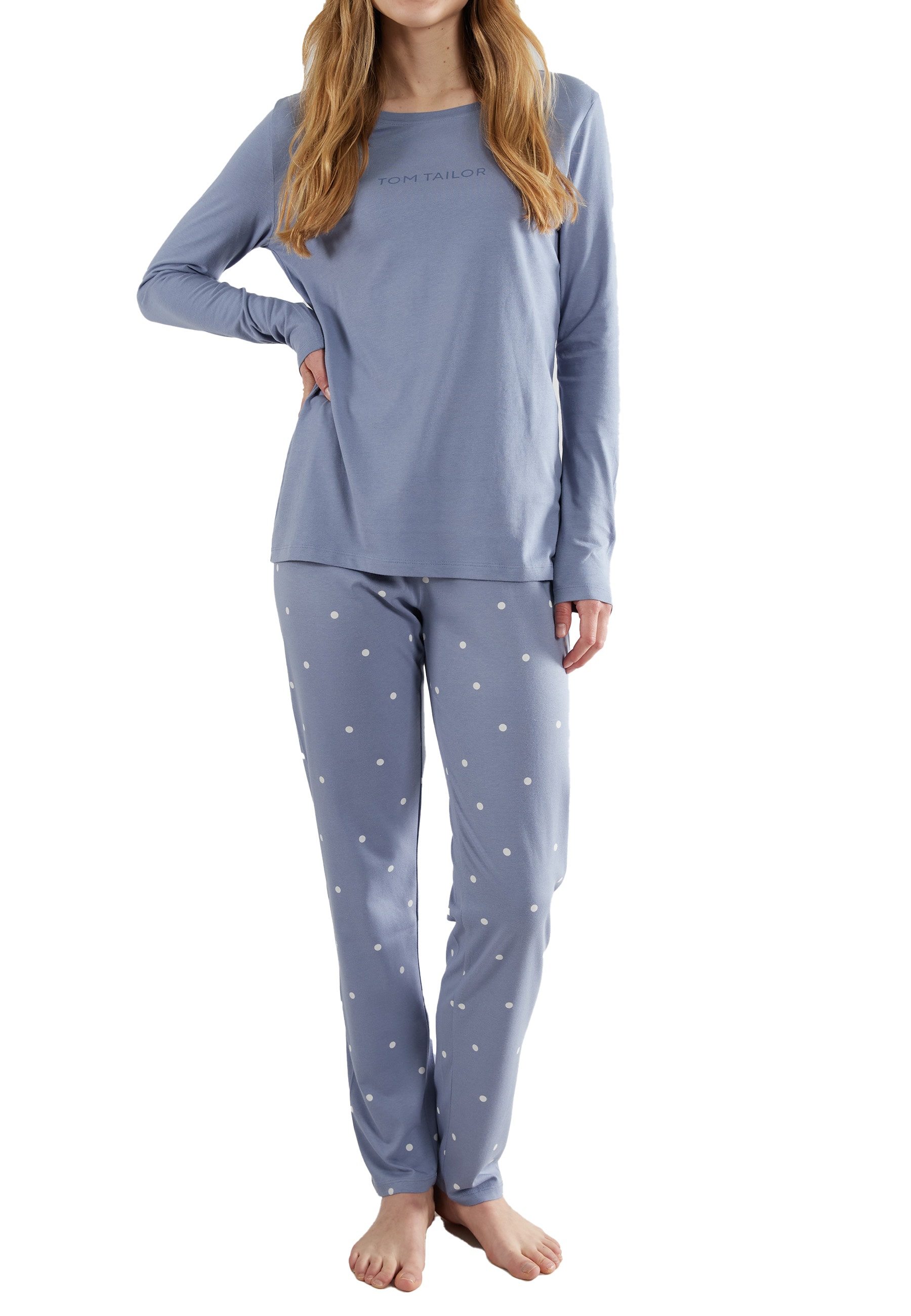 TOM TAILOR Pyjama »Charlotte« 2 pièces Langarm, Rundhalsausschnitt, gepunktet, basic, Baumwolle
