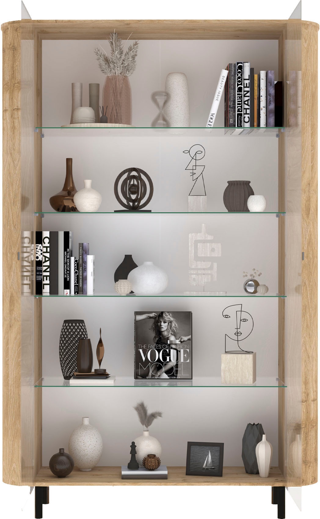 Home affaire Vitrine »Murano, Standvitrine H 200 cm, B 131 cm, 2 Türen, Vitrinenschrank« Formgebogenes MDF, Stirnseiten mit Rundung, Metallfüsse, stilvoll