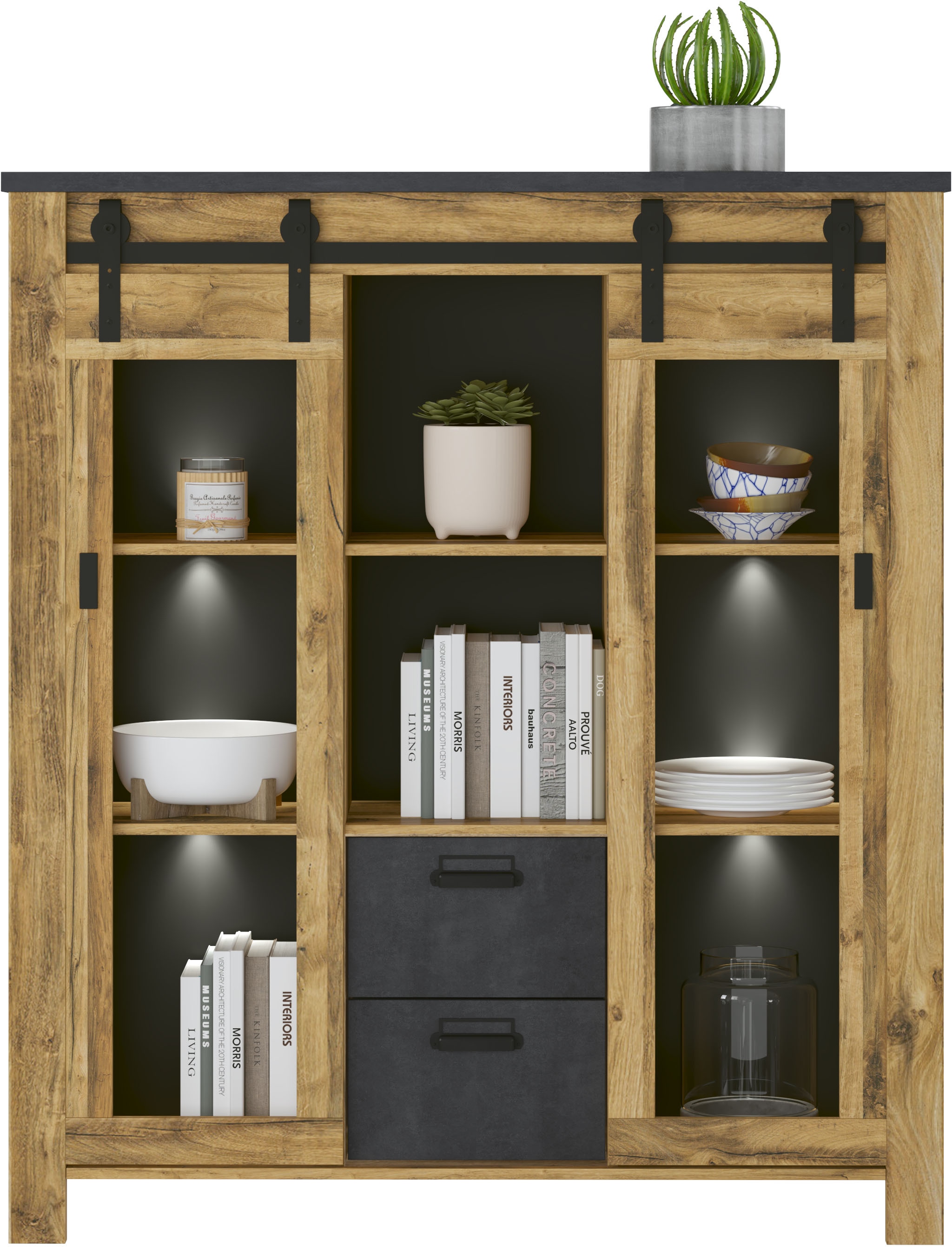 Home affaire Highboard »York, moderner Hochschrank, Vitrine in Hunton Oak, Industrialdesign« mit Scheunentorbeschlägen & Apothekergriffen aus Metall, 150 cm hoch