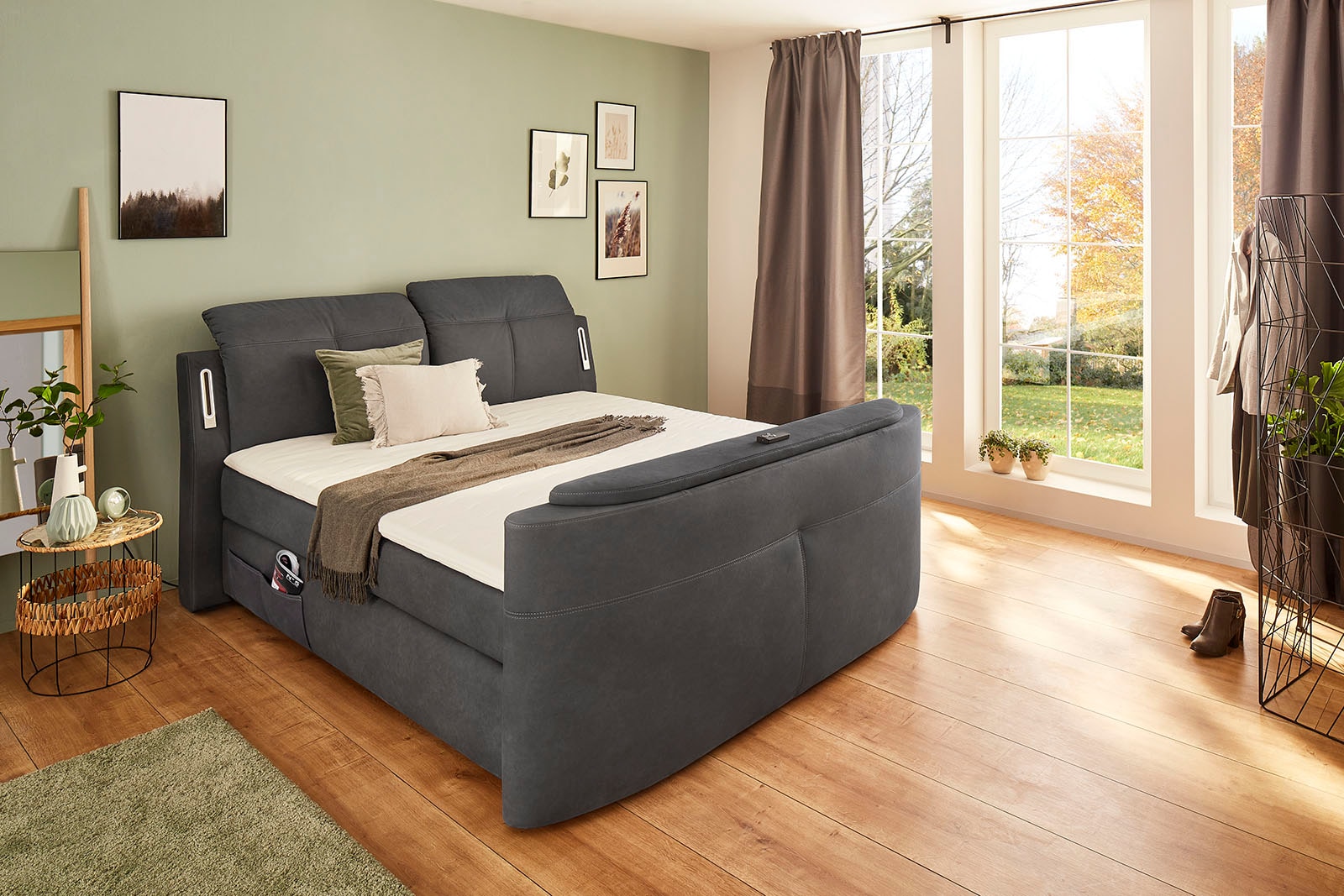 Jockenhöfer Gruppe Lit boxspring »MOVIESTAR, mit Taschenfederkernmatratze H3-H4, inkl. LED-Beleuchtung« revêtement en tissu structuré ou en microfibre au choix, 180x200cm