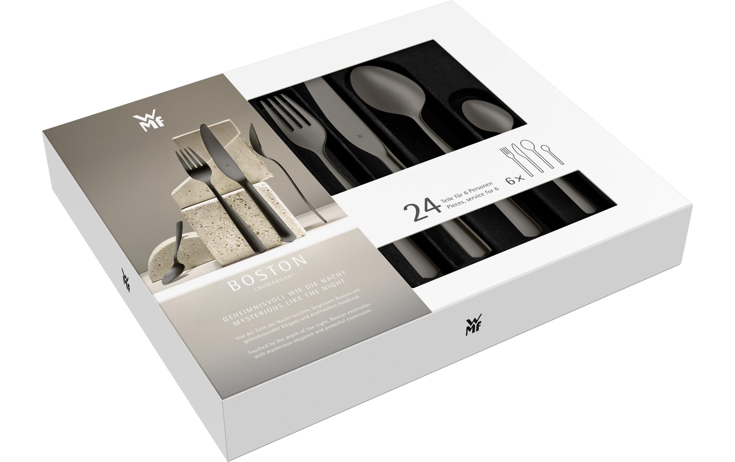 WMF Set de couverts »Boston in edler Optik, ergonomische Haptik, Messer mit Wellenschliff« tranchant optimal, inoxydable, élégant, boîte à couverts de qualité