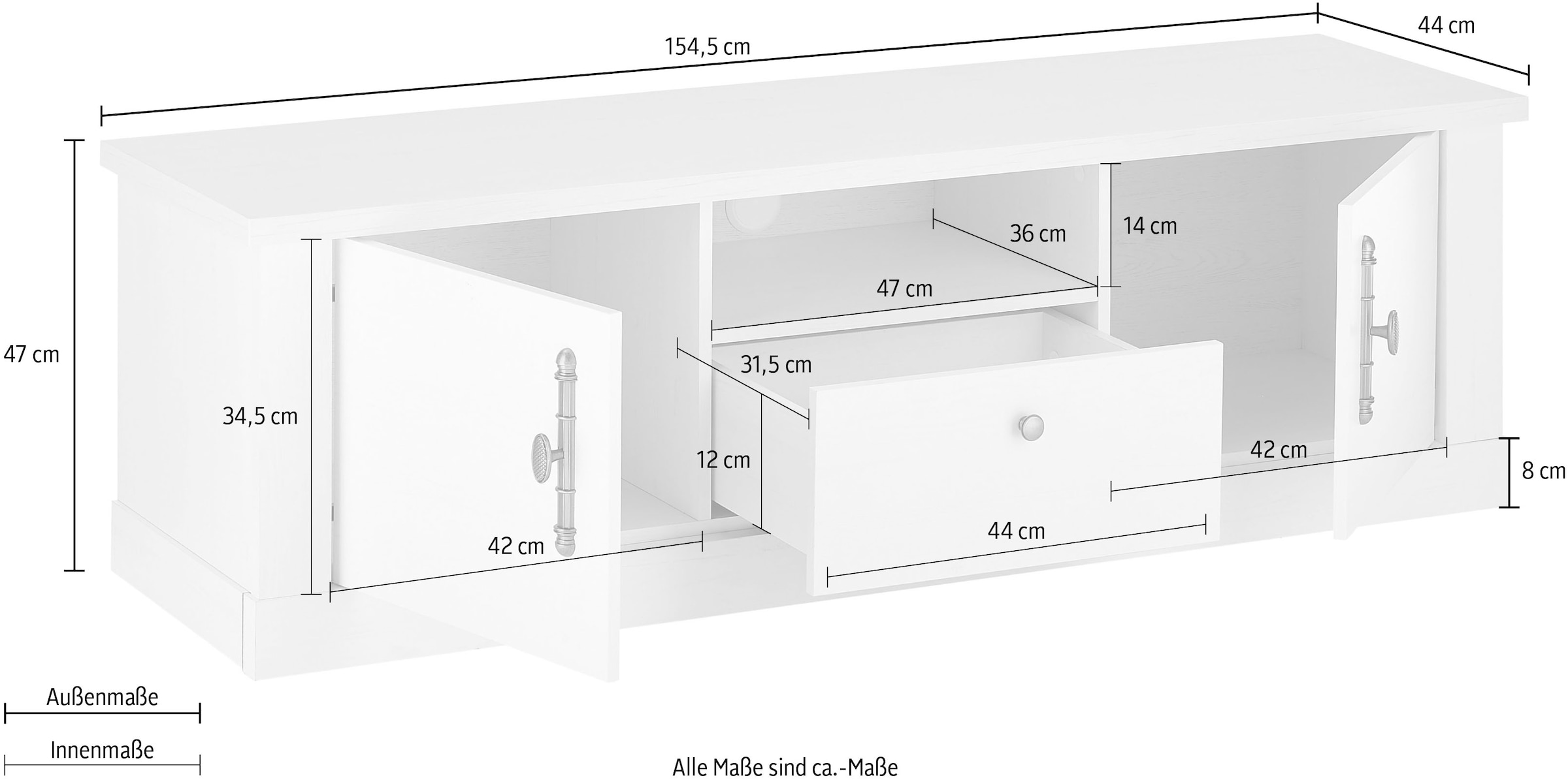 Home affaire Lowboard »RAVENNA« im romantischen Landhausstil, Griffe aus Metall, Breite 155 cm