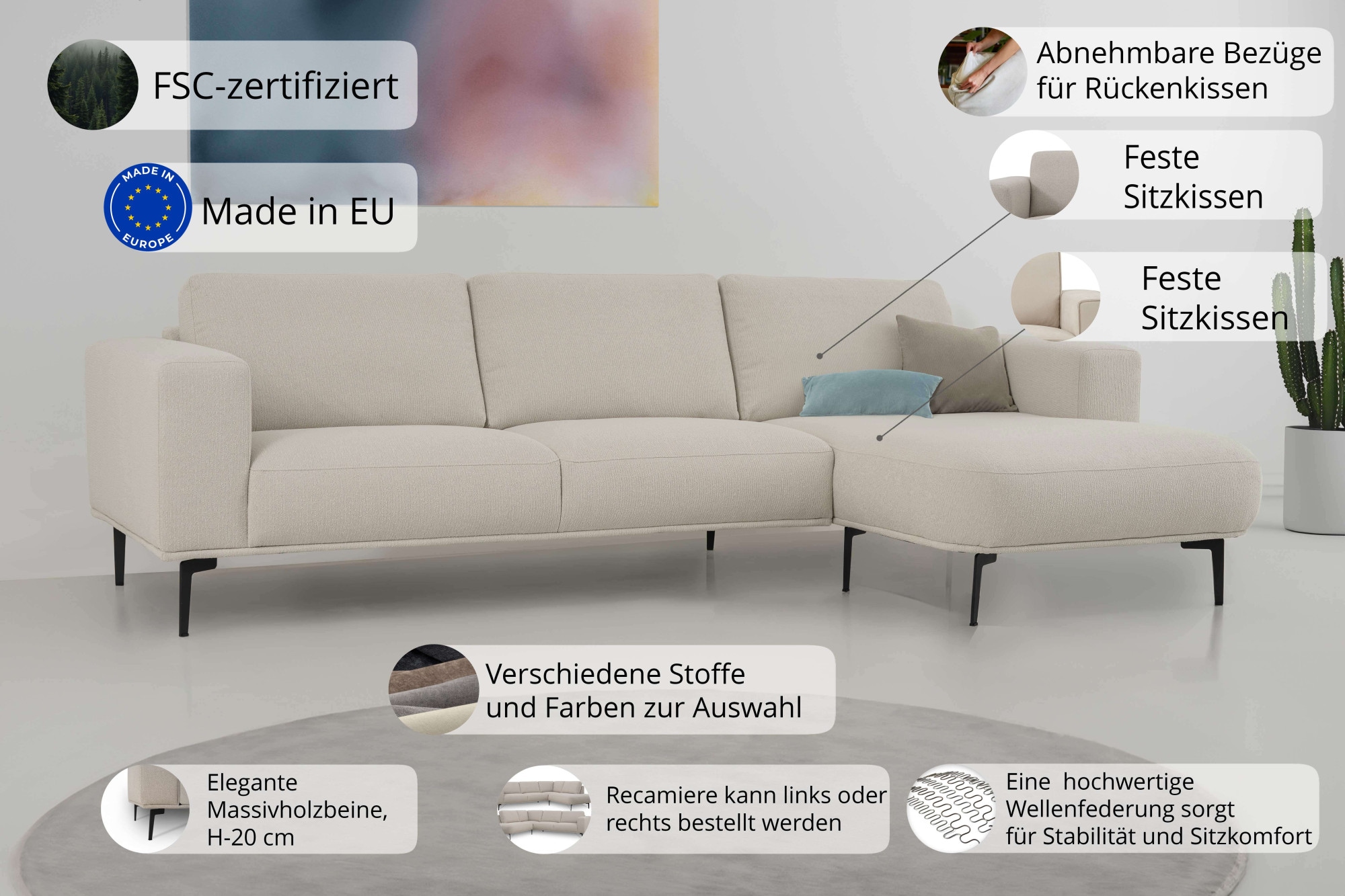 GOODproduct Canapé d'angle »Lillith, 289 cm, L-Form, gemütlicher Sitzkomfort« Eckcouch mit runder Recamiere links/rechts , Strukturstoff