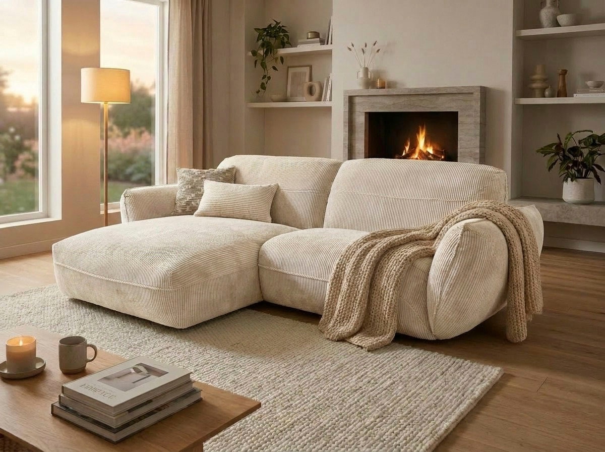 TRENDMANUFAKTUR Canapé d'angle »Be Chilled, modernes Lounge-Design mit stilvoller Kedernaht« avec confort d’assise doux, en velours côtelé de haute qualité à toucher doux