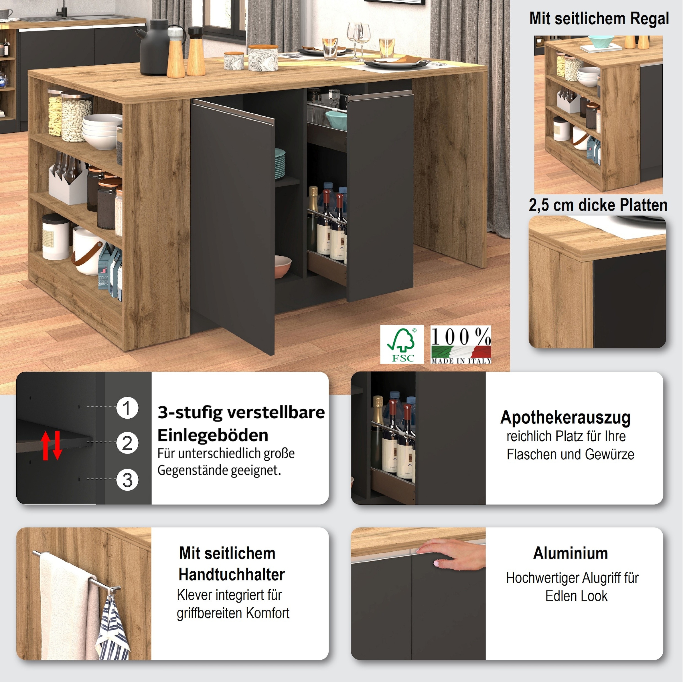 KOCHSTATION Ilot de cuisine »KS-Sole, Kochinsel, Küchenarbeitsblock, Arbeitsinsel, Made in Italy« Breite 167,5 cm, 2 Apothekerauszüge, 2 Essplätze, 1 offenes Regal