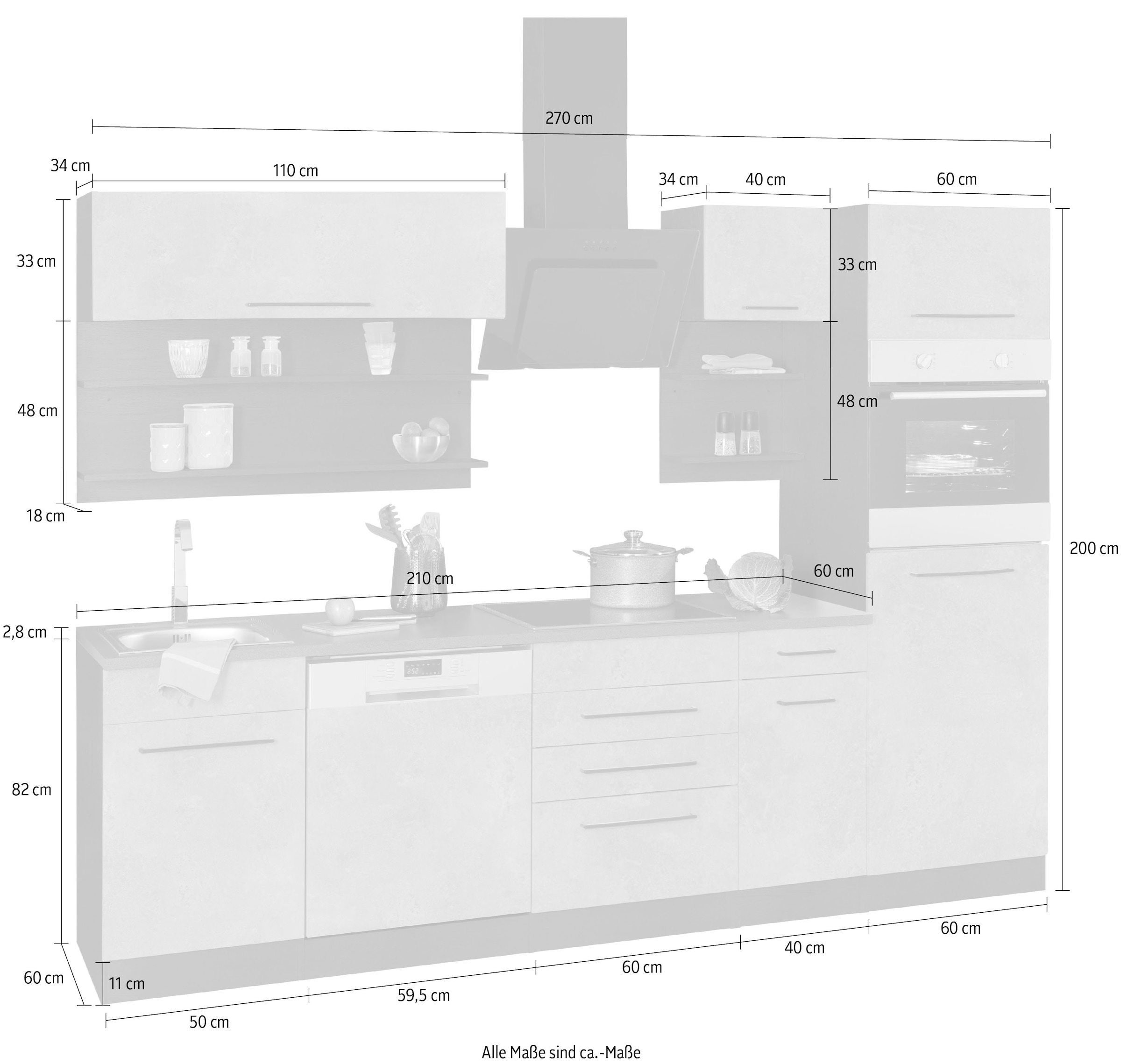 KOCHSTATION Küchenzeile »KS-Tulsa« ohne E-Geräte, Breite 270 cm, schwarze Metallgriffe, MDF Fronten