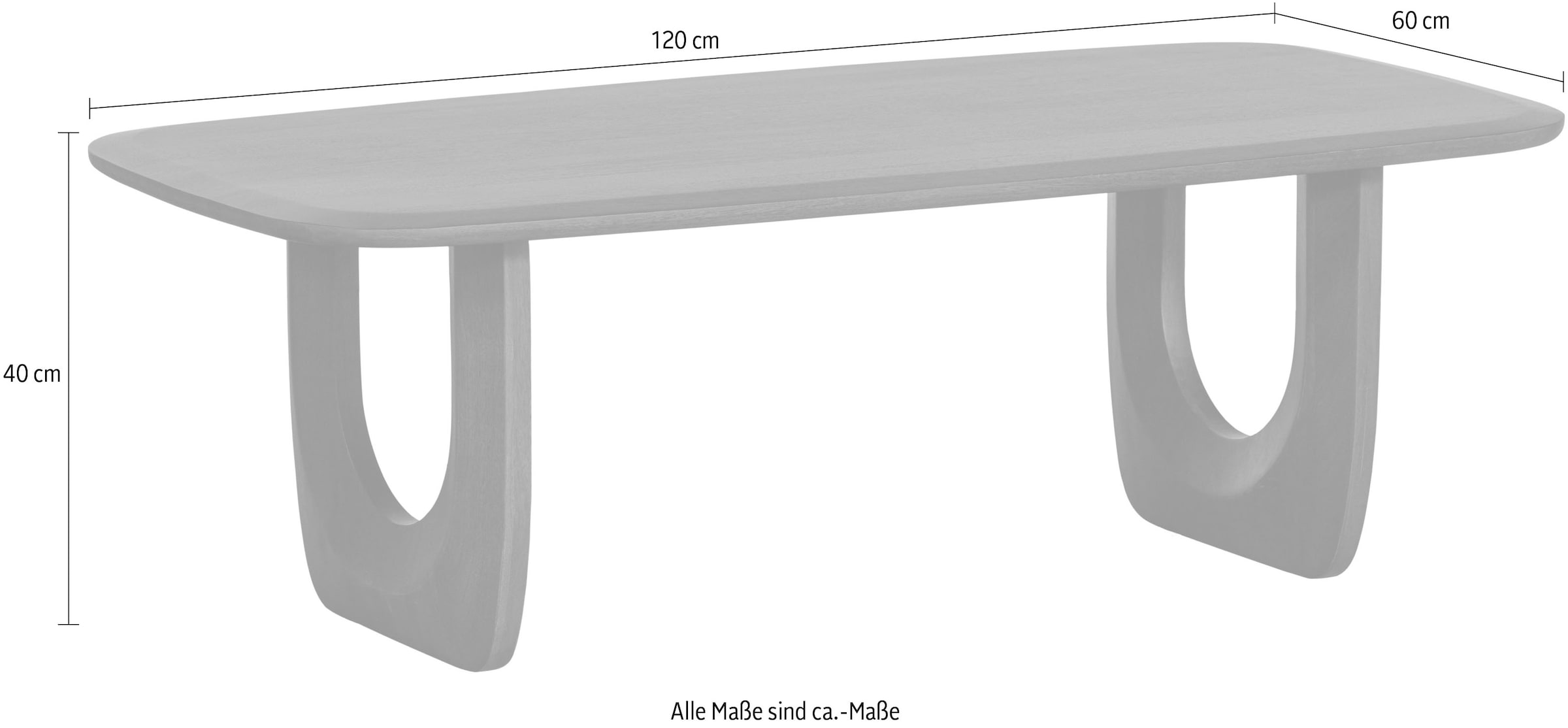 WOOOD Couchtisch »Frequent Mangoholz mit organisches Untergestell H 40 x B 120 x T 60 cm« Tragkraft 60 kg, abgeflachte Tischkanten, einfach zu montierbar