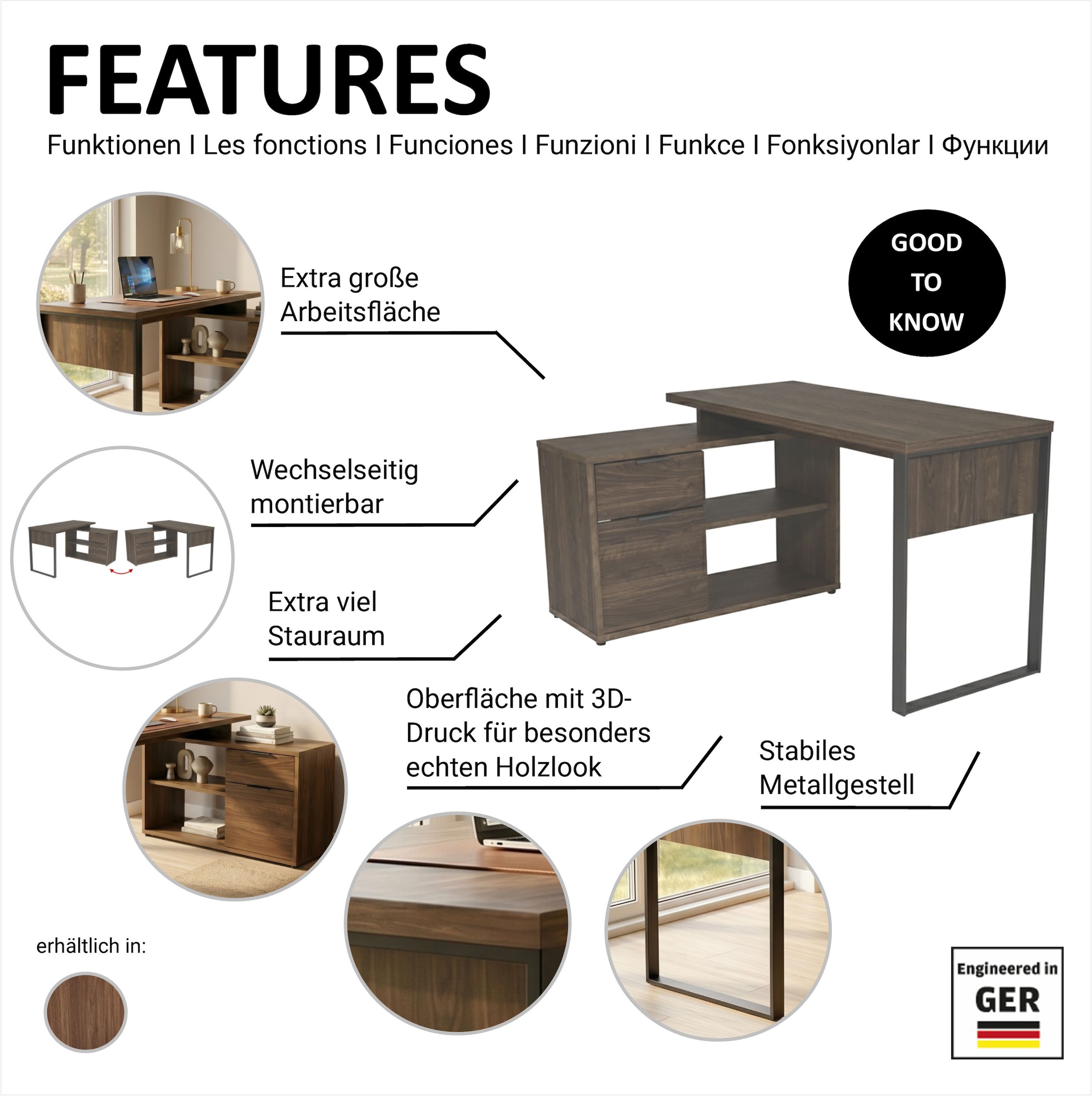 Jahnke Bureau d'angle »LOOP C 140 E« Bureau d'angle, 1 compartiment ouvert, 1 tiroir + 1 porte, largeur : 140 cm