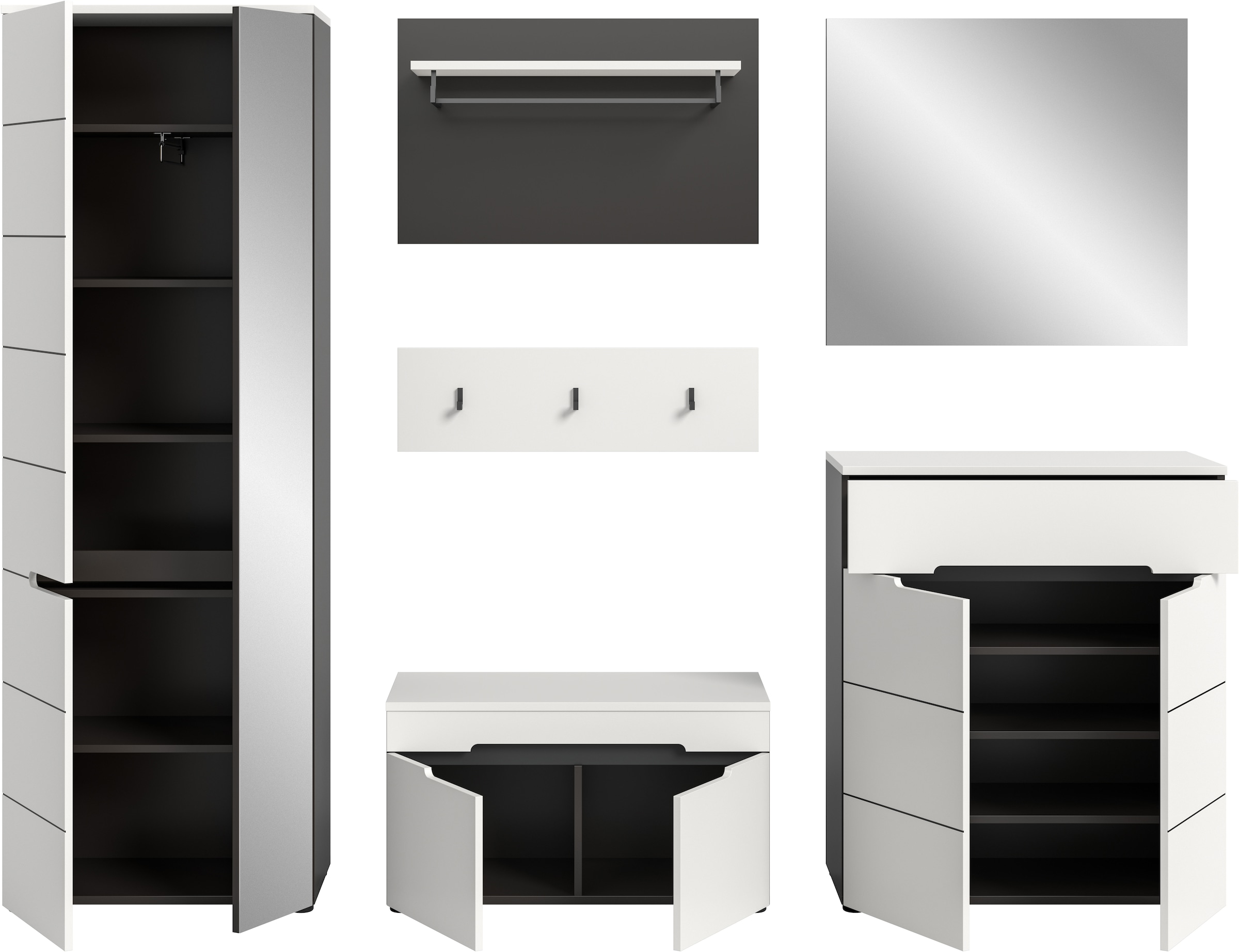 Home affaire Garderoben-Set »Rehat, Garderobenkombination, Breite 255cm« Garderobenschrank, Sitzbank, Paneel, Hakenleiste, Spiegel, Kommode, 6 Stk. tlg.