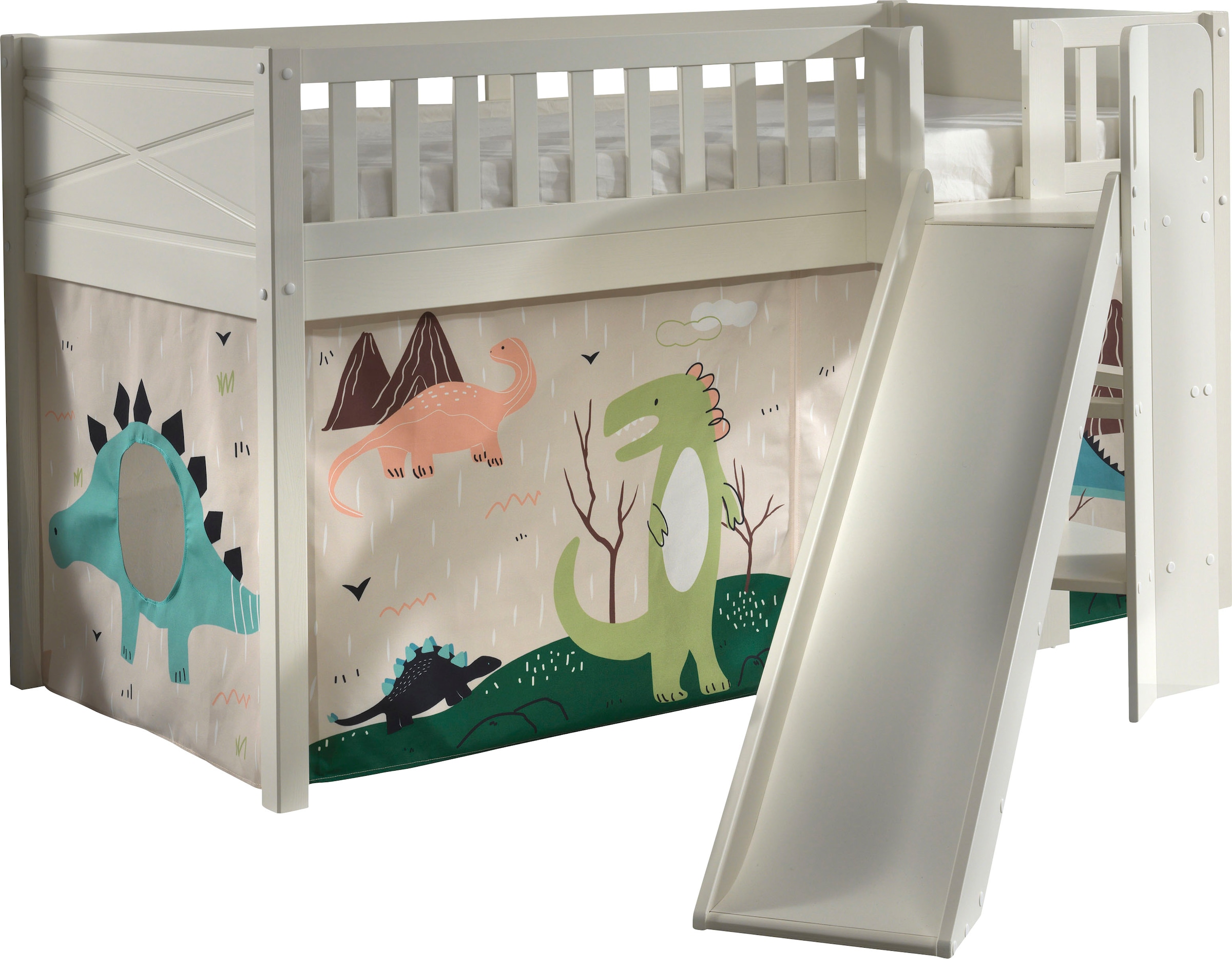 Vipack Hochbett »Scott« B/H/T ca. 207,6x114x203,7cm, Kopf-/Fussteil mit Fräsung, stabil gebaut,  mit Rutsch-/Leiterturm, LF 90x200 cm, inkl. Vorhang, 7 Designs