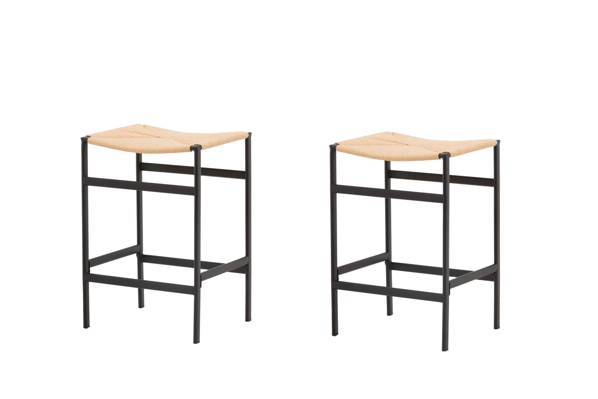 Venture Home Tabouret de bar »Polly, 2er-Set Barhocker mit Seil-Sitz, Stahlbeine, 120 kg« Ensemble, 2 cuis tlg. tabouret de bar, tresser, bois de caoutchouc, cadre en acier, bohème