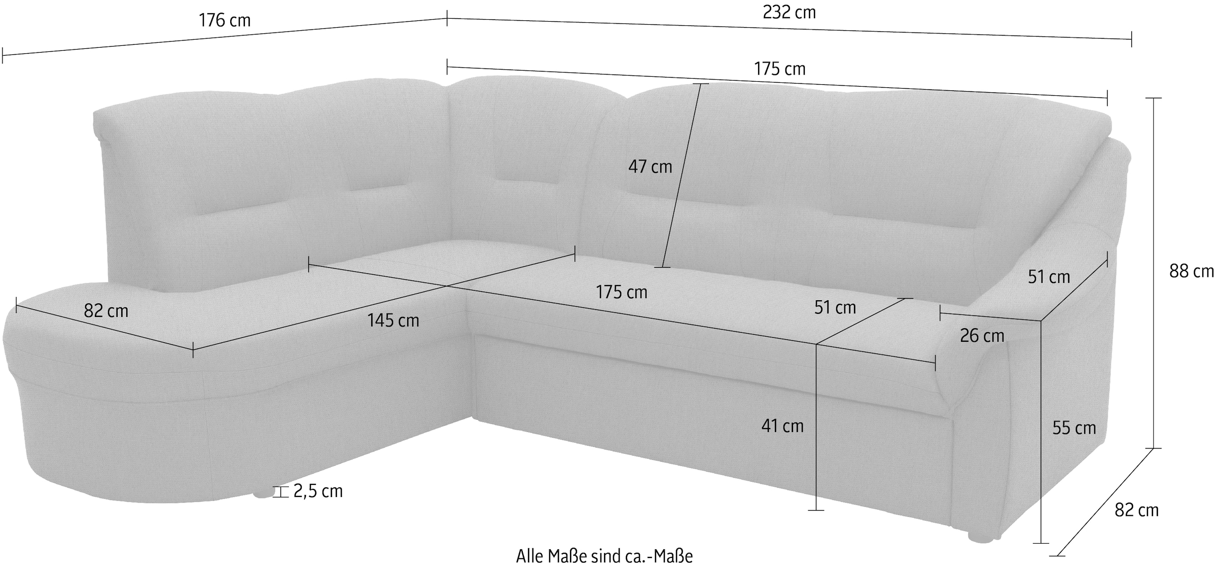 DOMO collection Canapé d'angle »Faenza für kleine Räume, Stellmasse 232x176cm, komfortabel, L-Form« mit Ottomane, zeitlos, elegante Armlehnen, wahlweise mit Bettfunktion