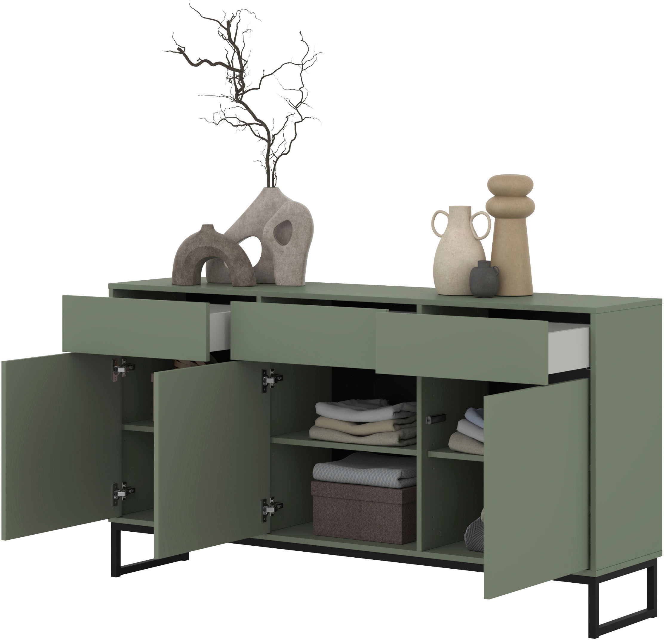 GOODproduct Buffet »Loft, Breite 157 cm, grifflose Kommode 3 Türen/3 Schubkästen.« commode à tiroirs avec beaucoup de rangement, étagères réglables