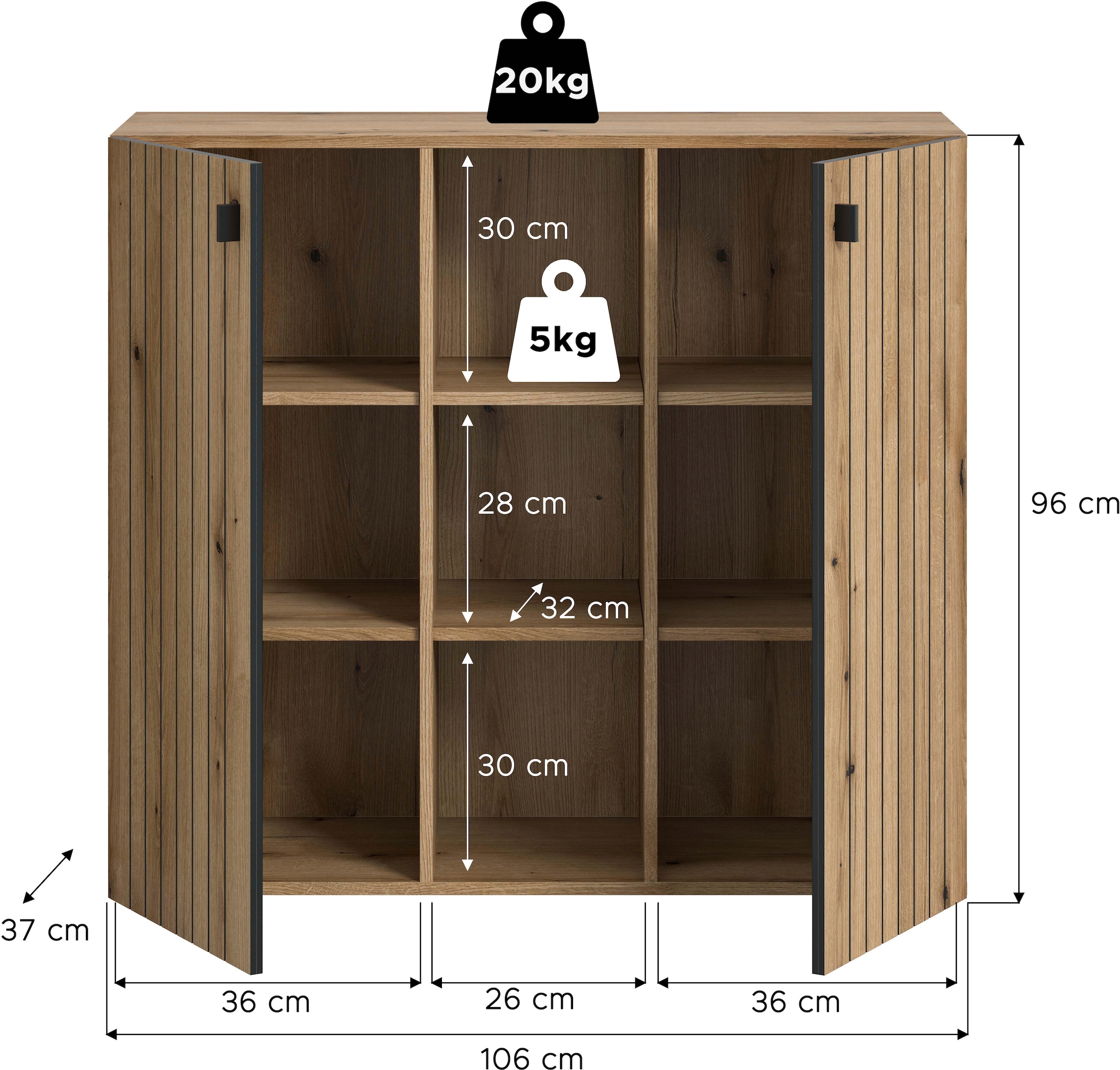 Home affaire Armoire à chaussures »TATIO, Breite 106 cm, Rillenoptik, offene Fächer, 2 Türen« 1 cuis tlg. Schuhschrank, Schuhkommode, Flurkommode, Kommode