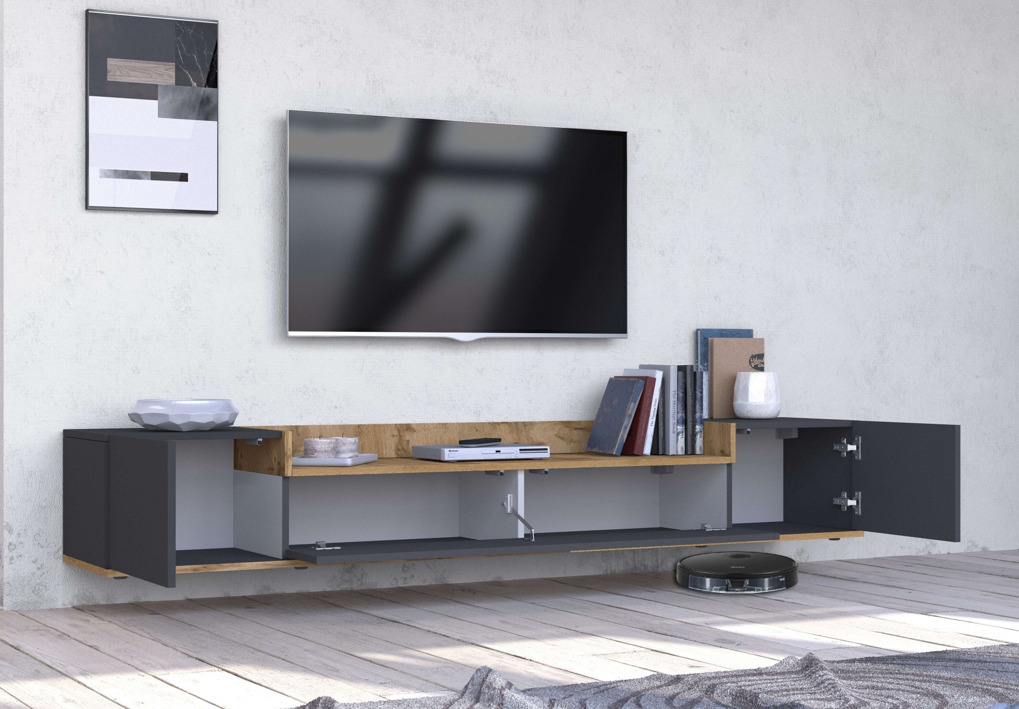 GOODproduct Lowboard »BOLSENA,TV-Kommode, TV-Möbel,TV-Bank, 4 Fächer und offenes Ablagefach« 1 Stk. tlg. stehend/hängend montierbar, Made in Italy, B/T/H: 200 × 35 × 31,2 cm